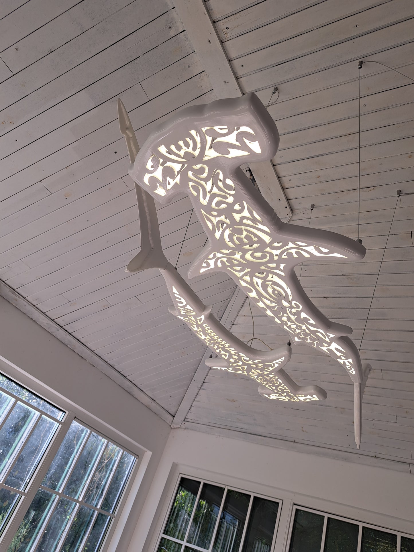 Handmade wood ceiling chandelier with 2 hammerhead sharks: LED wall light for beach coastal or nautical Maori surfing style room decor