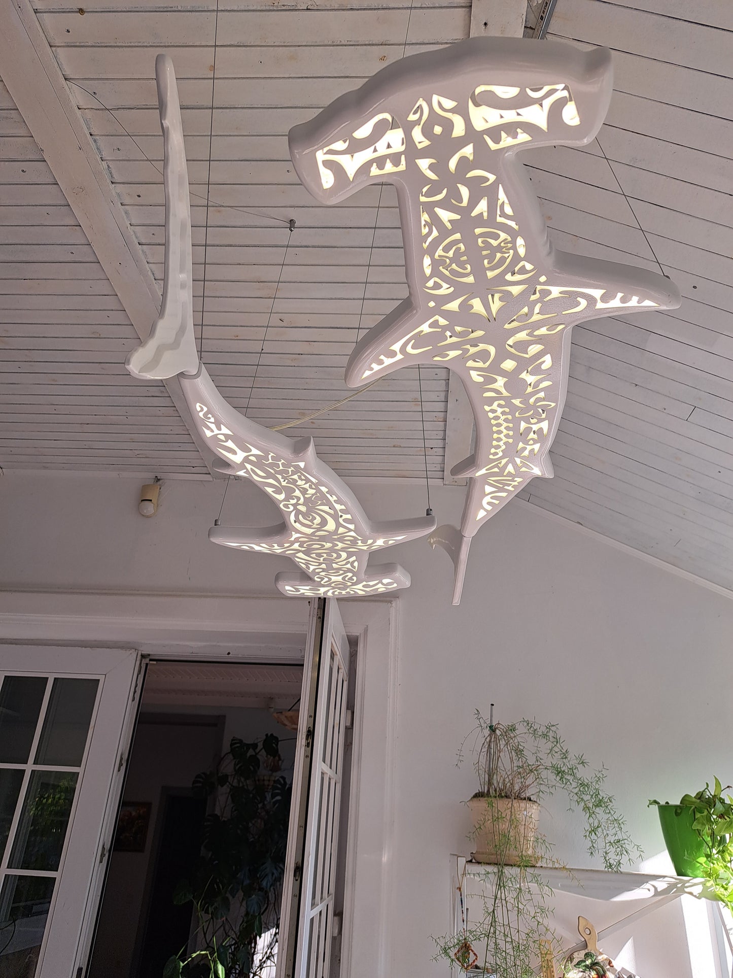 Handmade wood ceiling chandelier with 2 hammerhead sharks: LED wall light for beach coastal or nautical Maori surfing style room decor
