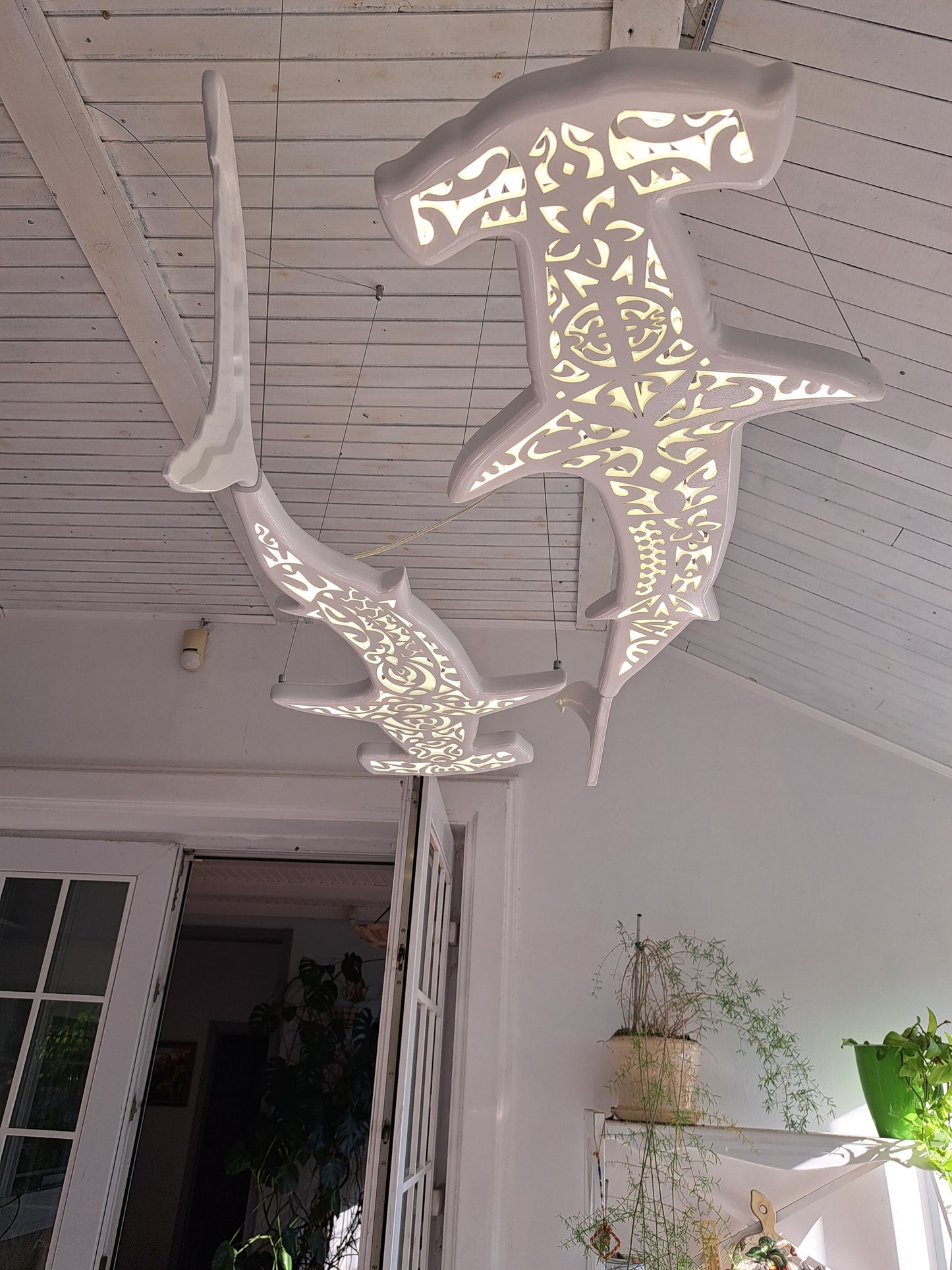 72 inches Handmade ceiling chandelier with 2 hammerhead sharks: LED wall light for beach coastal or nautical Maori surfing style room decor