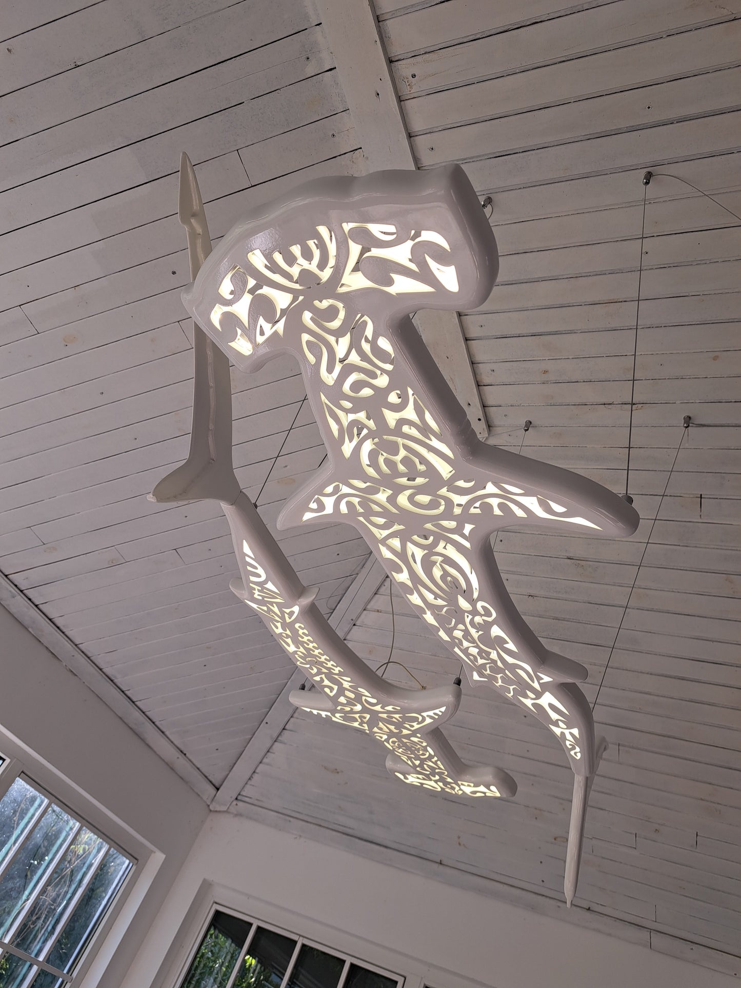 72 inches Handmade ceiling chandelier with 2 hammerhead sharks: LED wall light for beach coastal or nautical Maori surfing style room decor