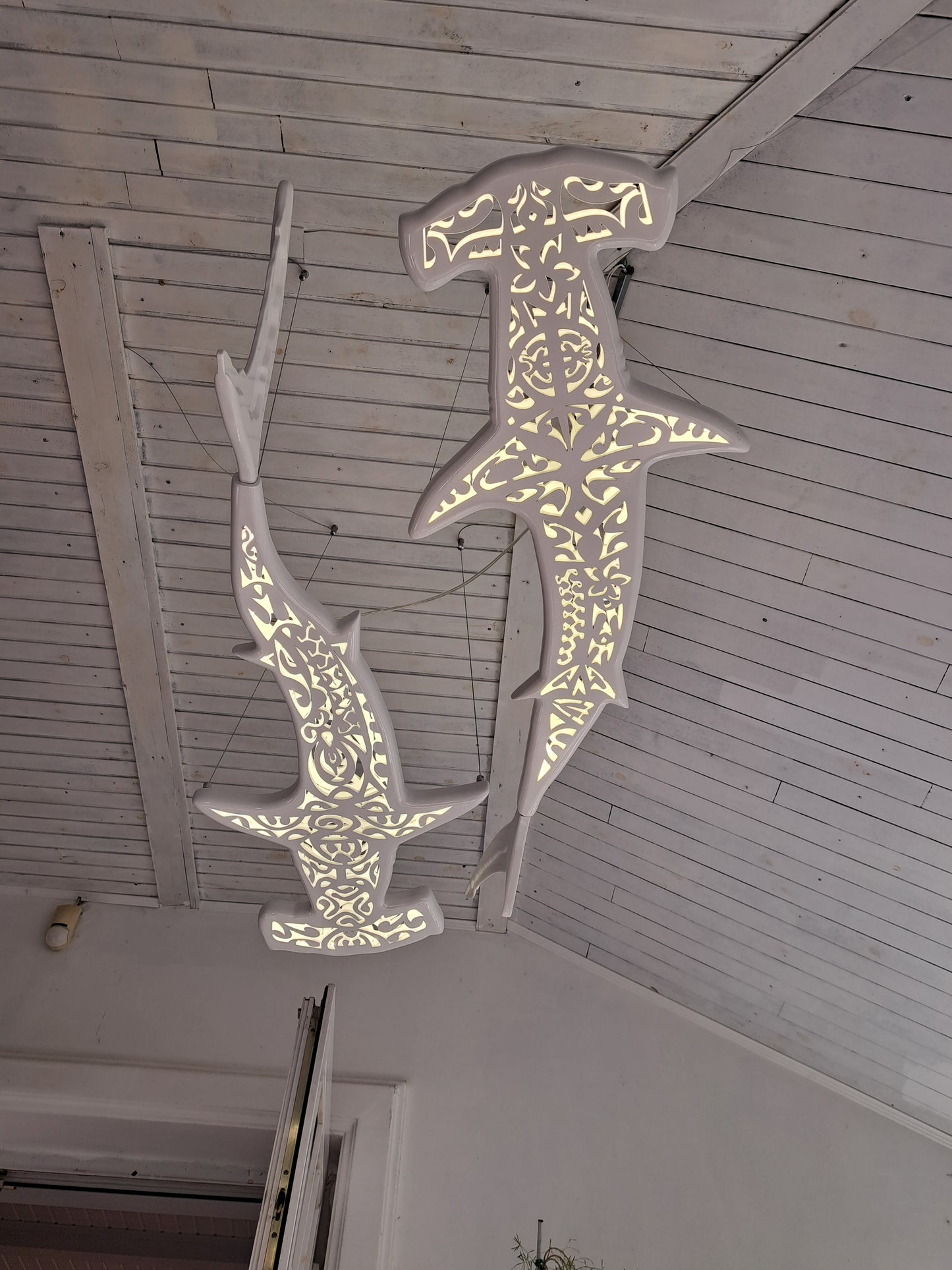 Handmade wood ceiling chandelier with 2 hammerhead sharks: LED wall light for beach coastal or nautical Maori surfing style room decor