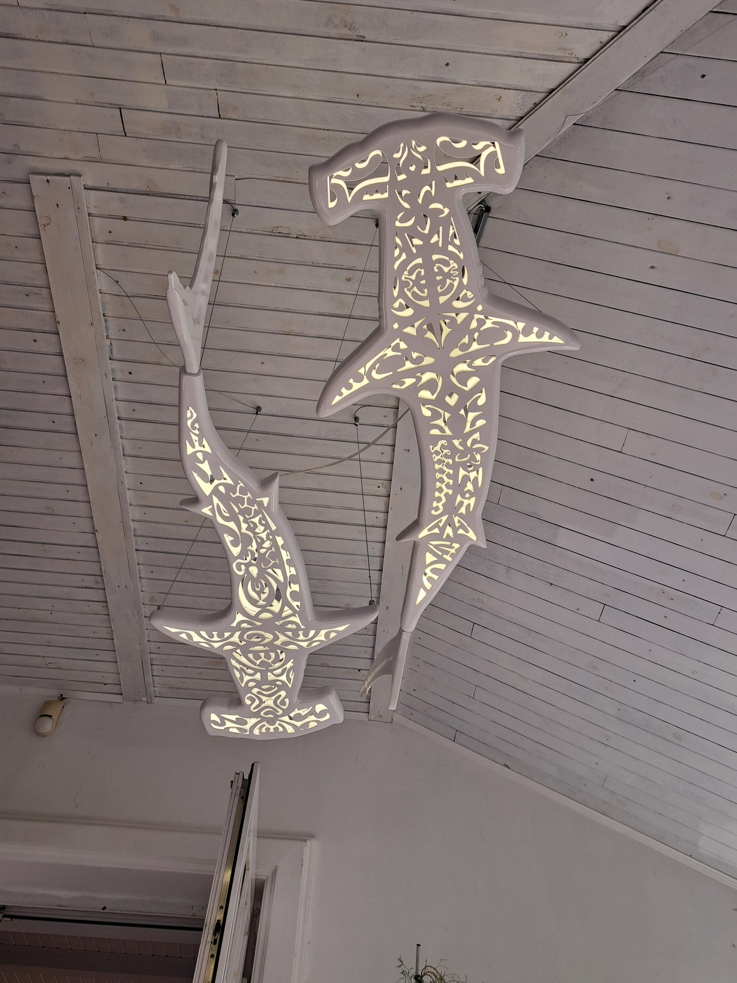 72 inches Handmade ceiling chandelier with 2 hammerhead sharks: LED wall light for beach coastal or nautical Maori surfing style room decor