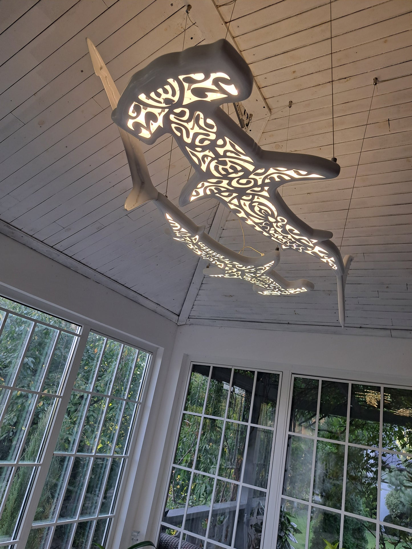Handmade wood ceiling chandelier with 2 hammerhead sharks: LED wall light for beach coastal or nautical Maori surfing style room decor