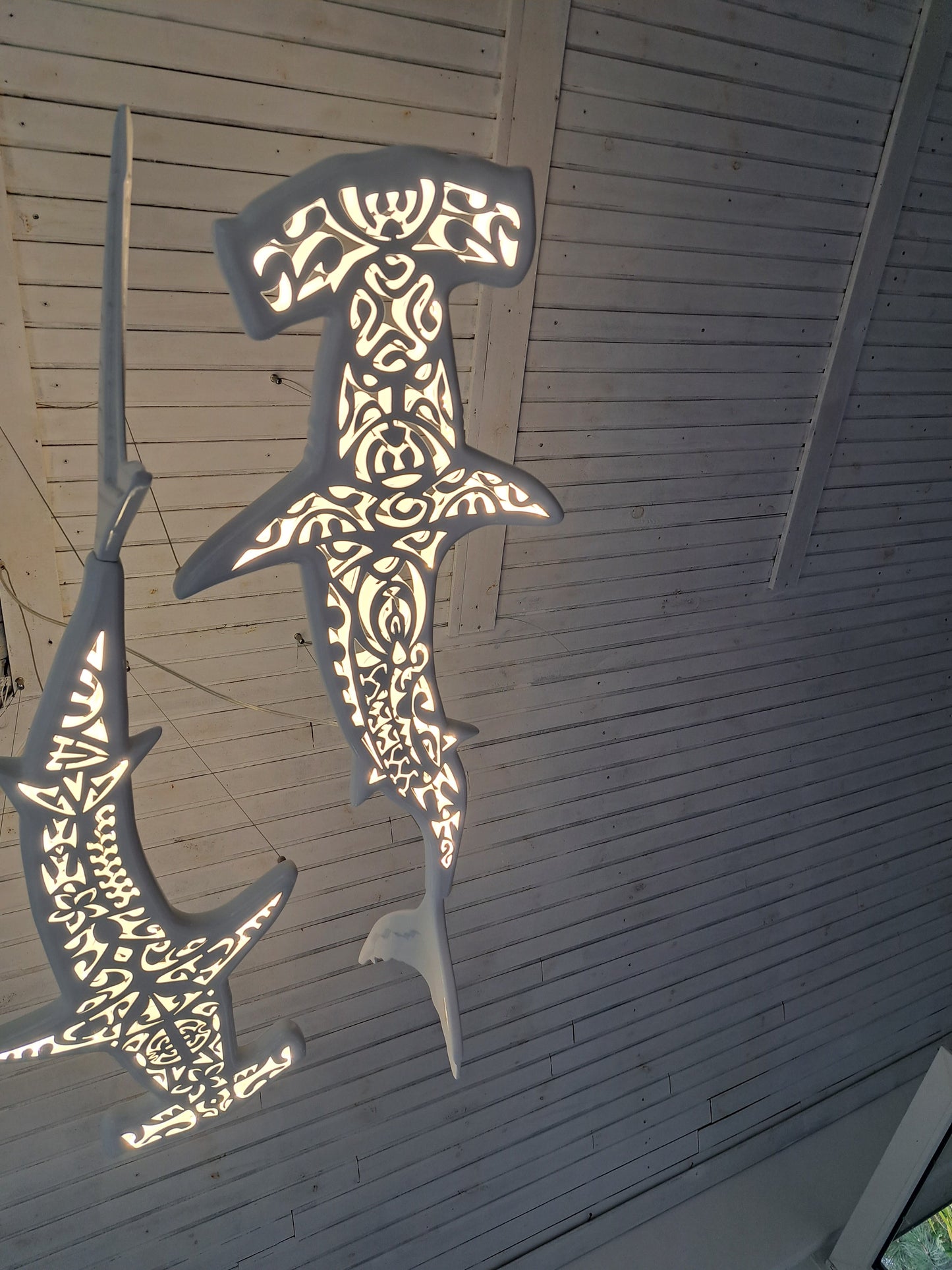 72 inches Handmade ceiling chandelier with 2 hammerhead sharks: LED wall light for beach coastal or nautical Maori surfing style room decor