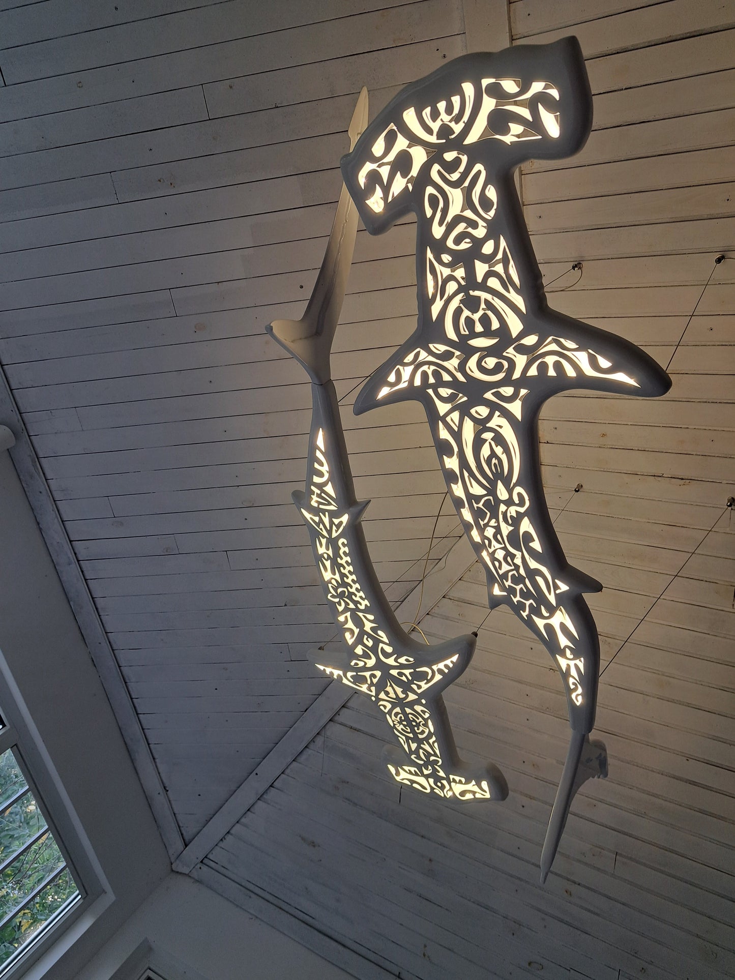 72 inches Handmade ceiling chandelier with 2 hammerhead sharks: LED wall light for beach coastal or nautical Maori surfing style room decor