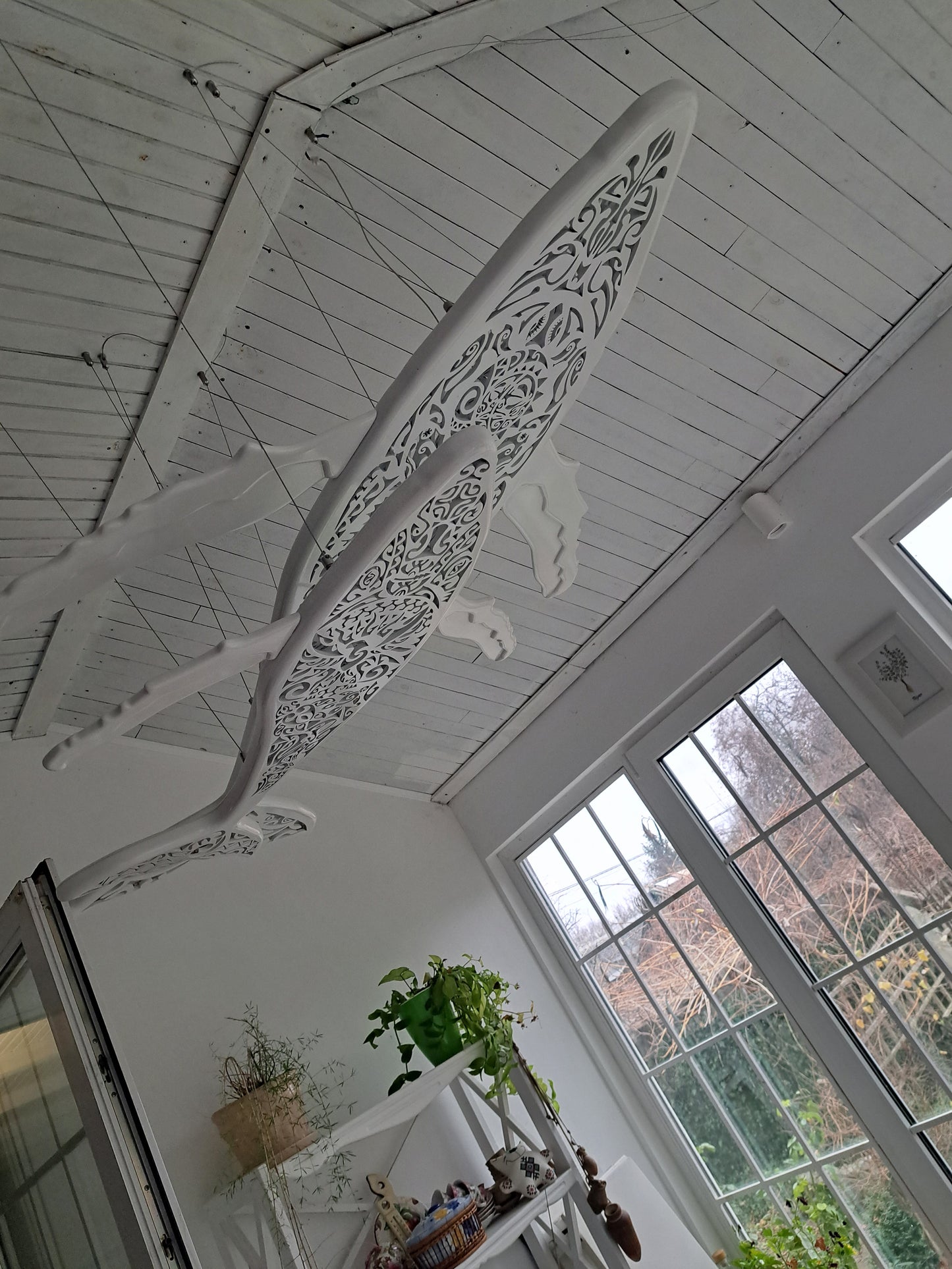 Blue pattern 72 inches Whale and baby whale ceiling chandelier:led lamps for beach coastal or nautical home room decor in Maori surf style