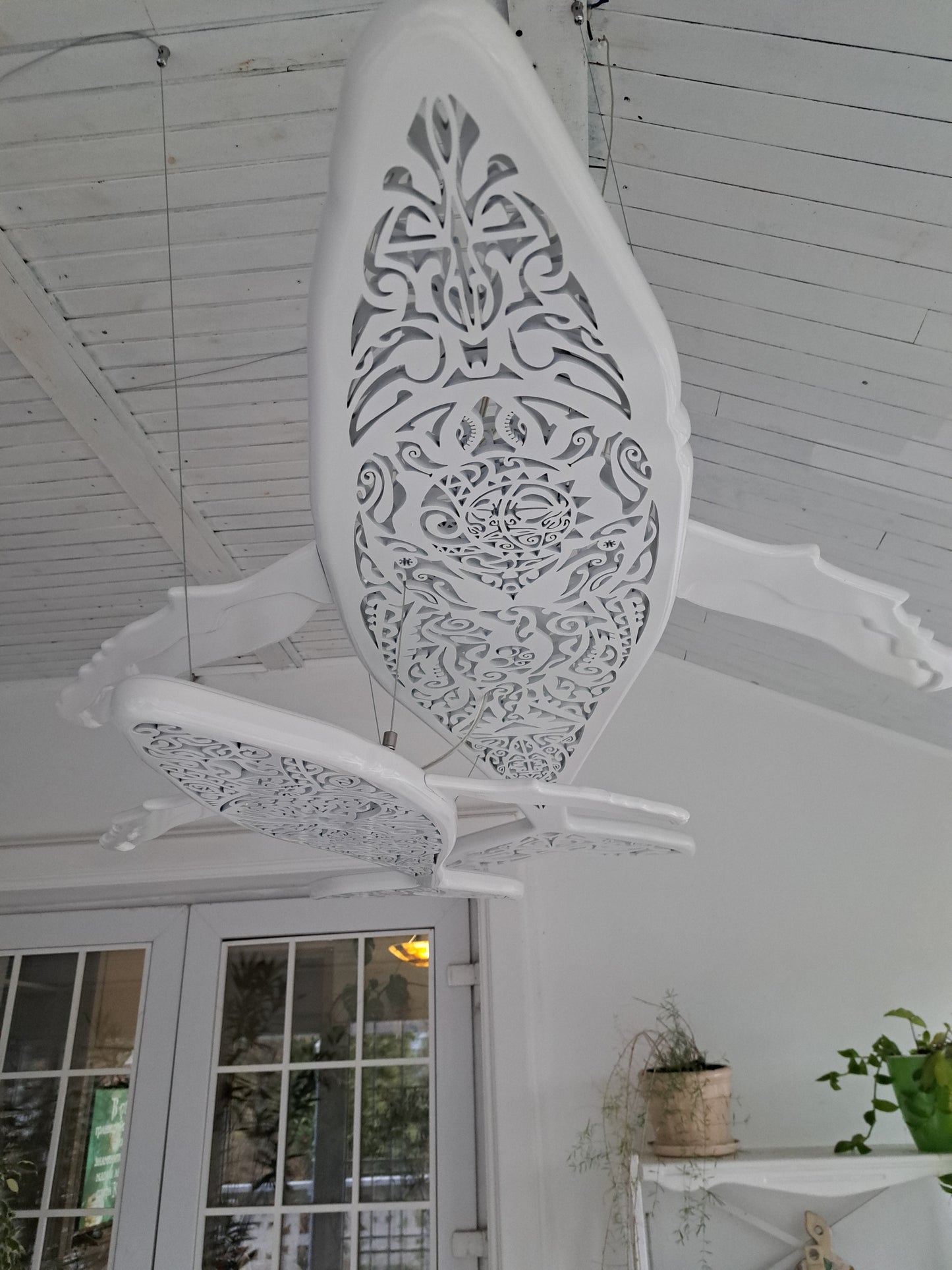 Blue pattern 72 inches Whale and baby whale ceiling chandelier:led lamps for beach coastal or nautical home room decor in Maori surf style