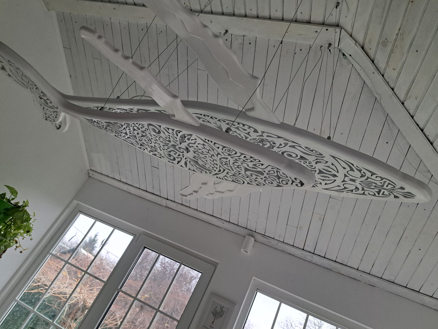 Blue pattern 72 inches Whale and baby whale ceiling chandelier:led lamps for beach coastal or nautical home room decor in Maori surf style