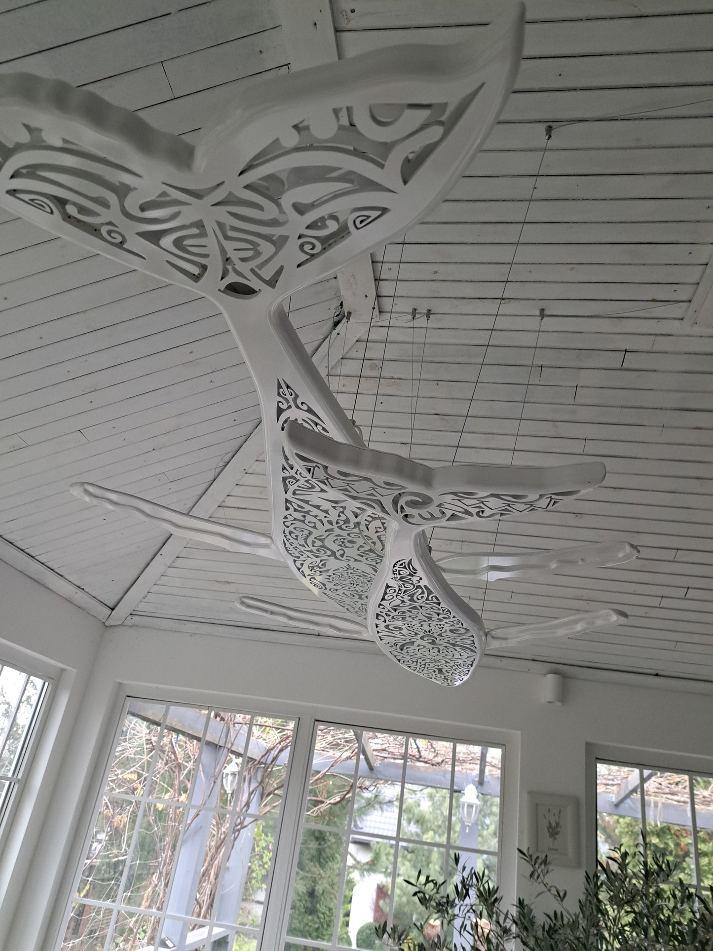 Blue pattern 72 inches Whale and baby whale ceiling chandelier:led lamps for beach coastal or nautical home room decor in Maori surf style