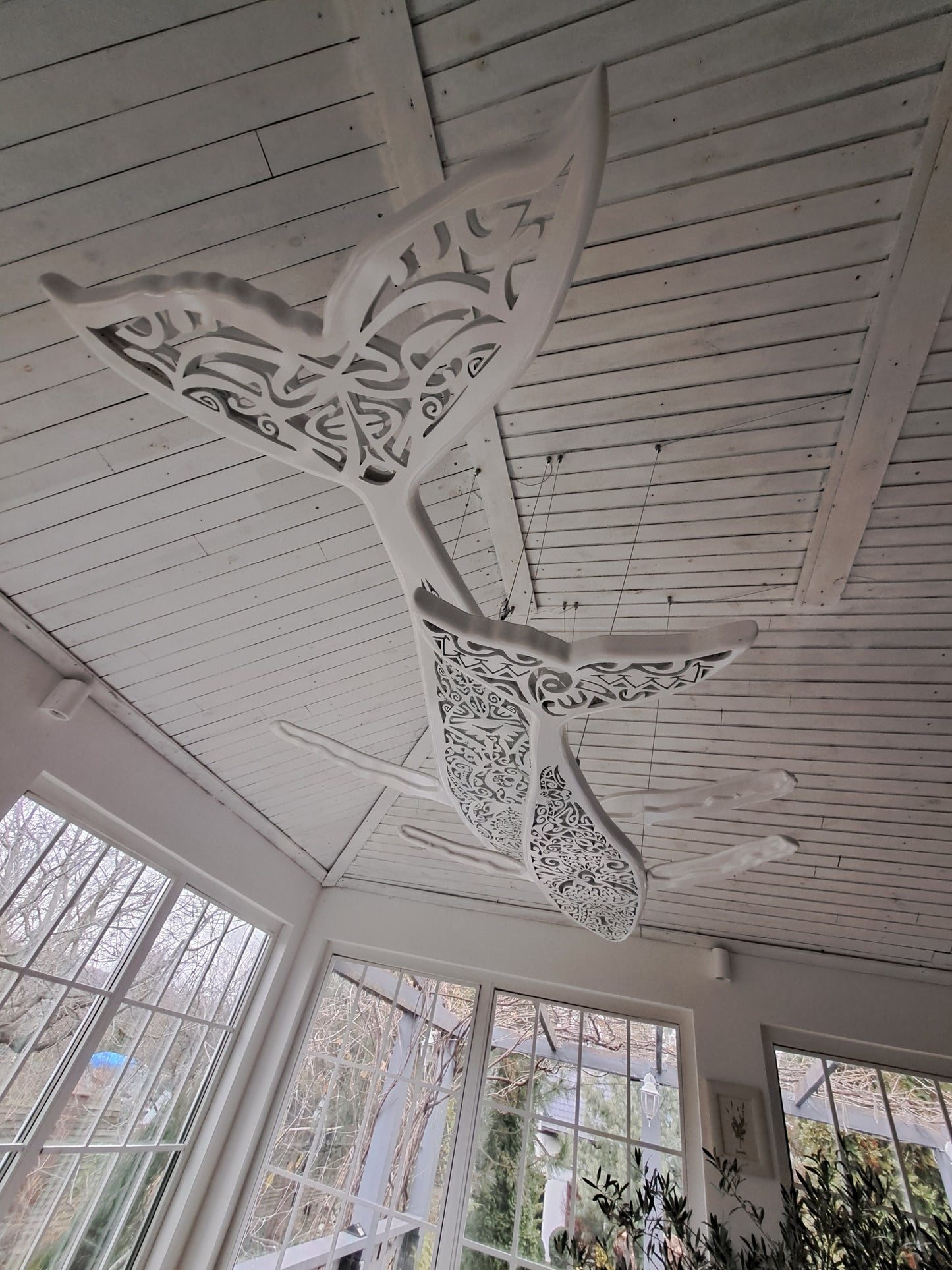 Blue pattern 72 inches Whale and baby whale ceiling chandelier:led lamps for beach coastal or nautical home room decor in Maori surf style