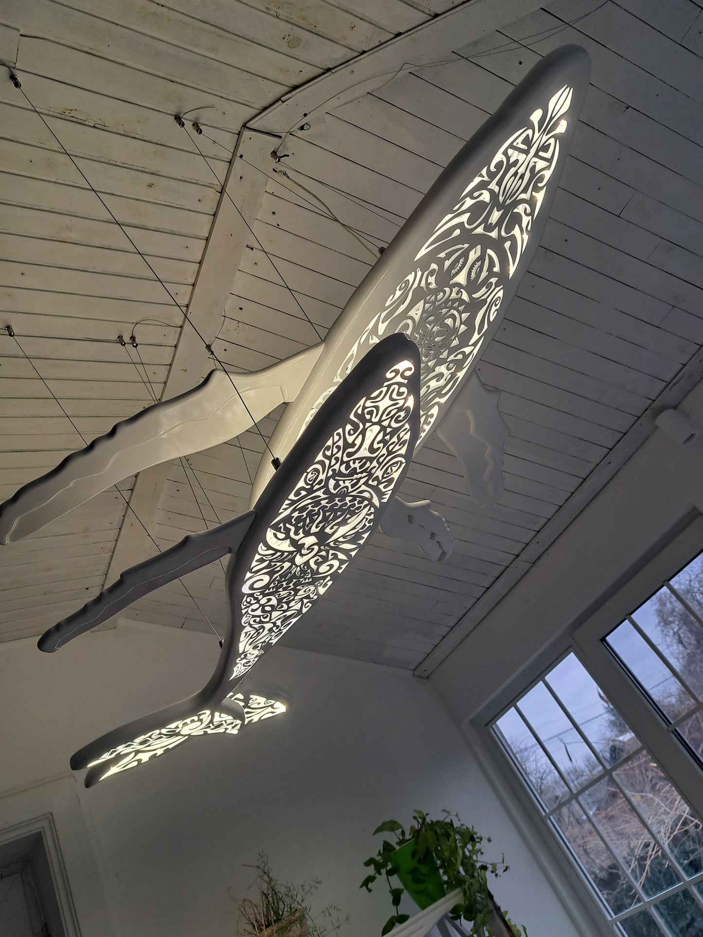 Blue pattern 72 inches Whale and baby whale ceiling chandelier:led lamps for beach coastal or nautical home room decor in Maori surf style