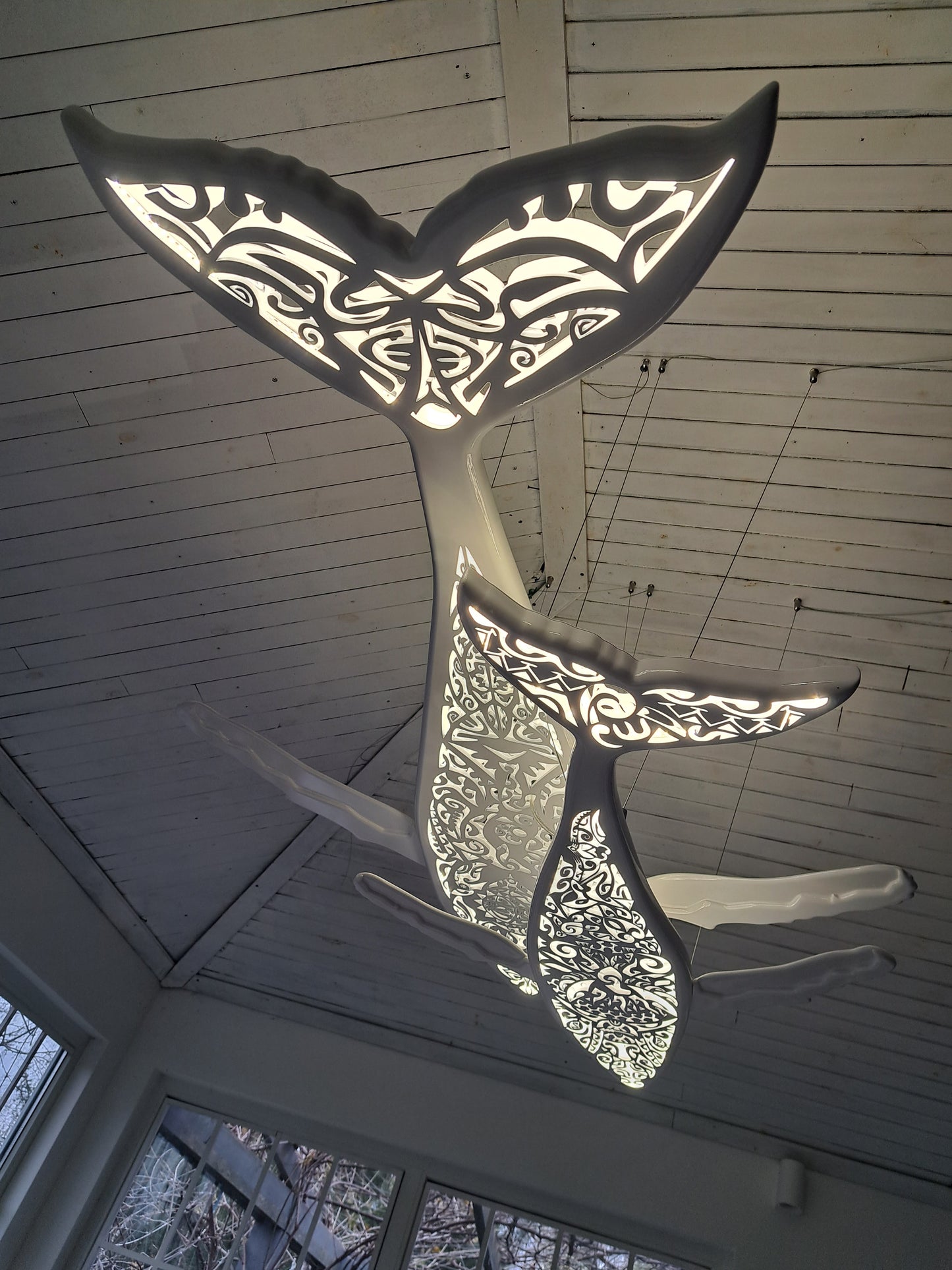 Blue pattern 72 inches Whale and baby whale ceiling chandelier:led lamps for beach coastal or nautical home room decor in Maori surf style