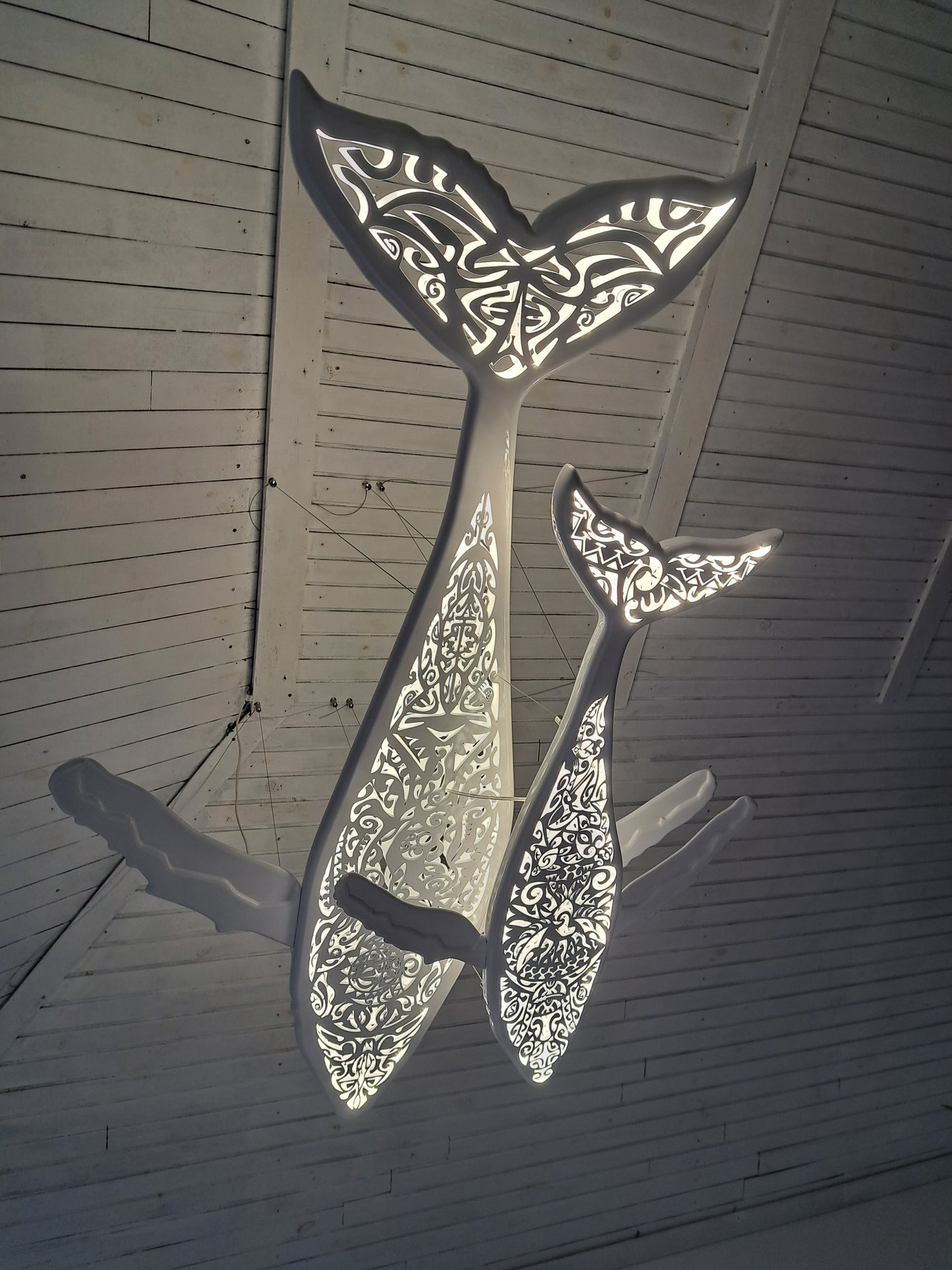 Blue pattern 72 inches Whale and baby whale ceiling chandelier:led lamps for beach coastal or nautical home room decor in Maori surf style