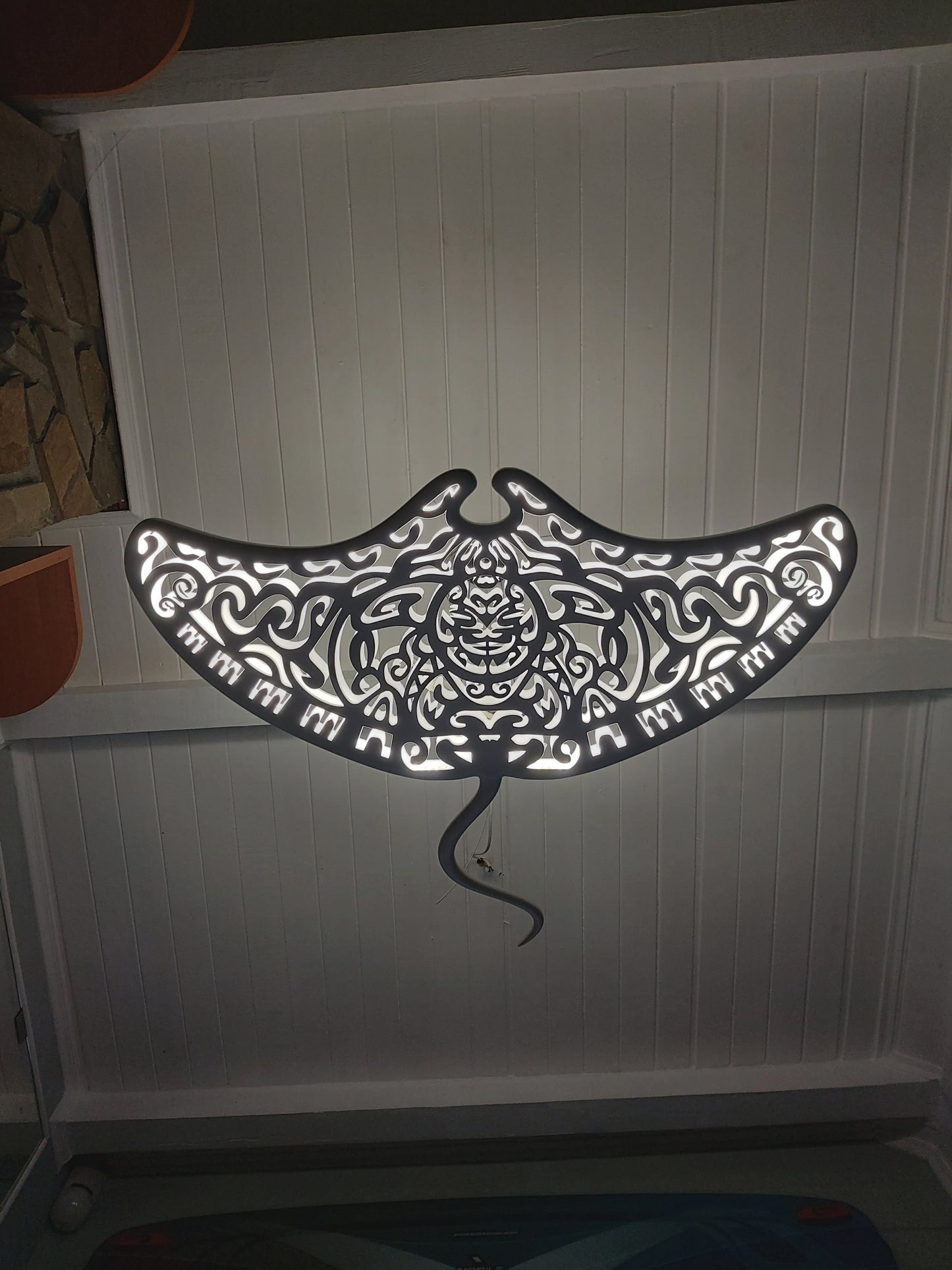 Handcrafted Unique Wooden Manta Ray Ceiling Chandelier: LED Wall Lamp in Surf Style