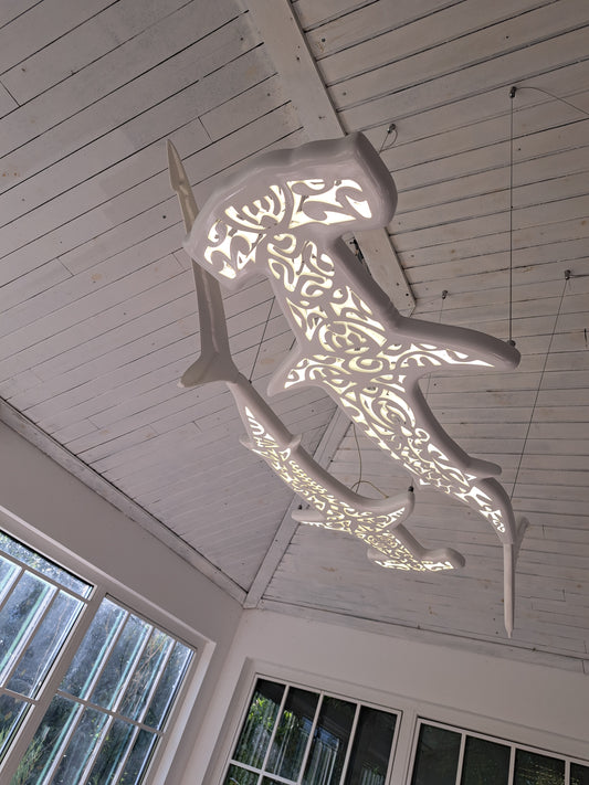 Handmade wood ceiling chandelier with 2 hammerhead sharks: LED wall light for beach coastal or nautical Maori surfing style room decor