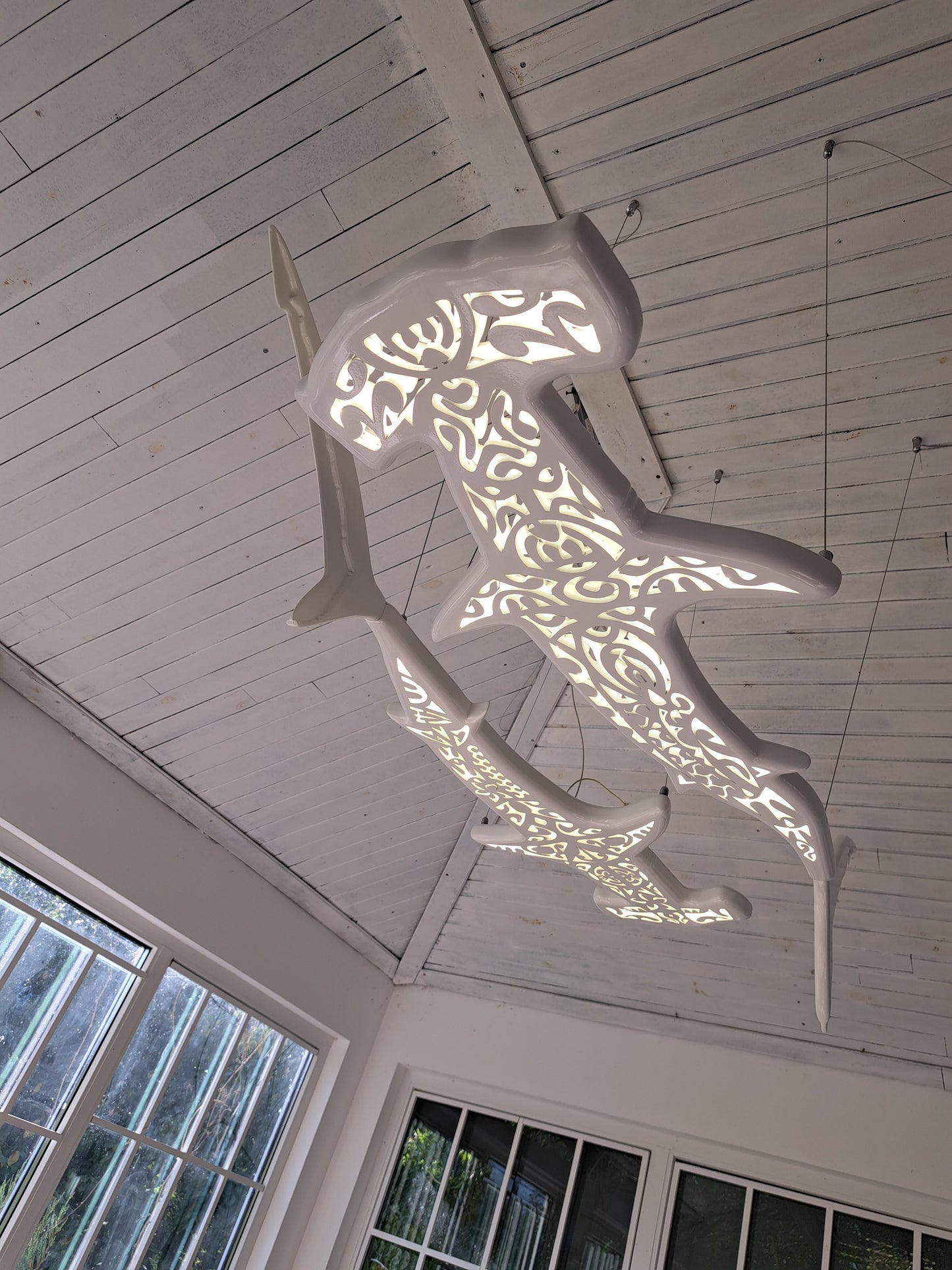 72 inches Handmade ceiling chandelier with 2 hammerhead sharks: LED wall light for beach coastal or nautical Maori surfing style room decor