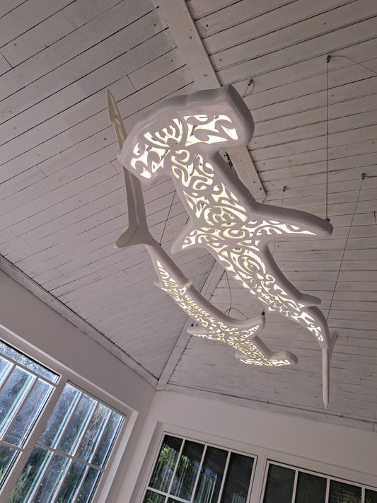 72 inches Handmade ceiling chandelier with 2 hammerhead sharks: LED wall light for beach coastal or nautical Maori surfing style room decor