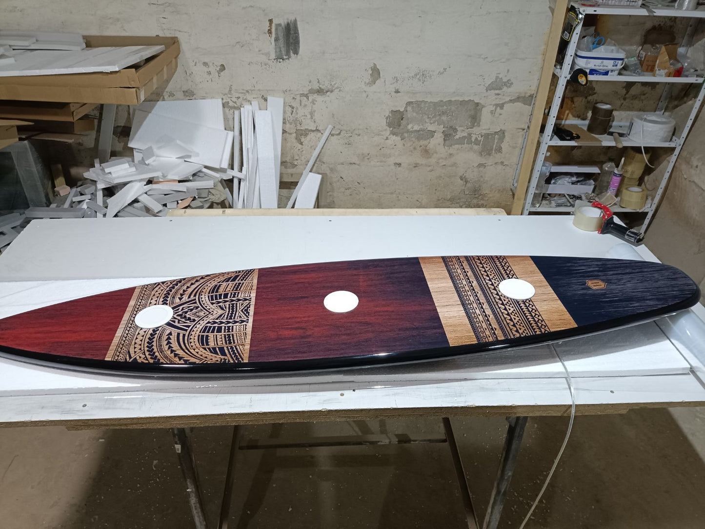 Ceiling Chandelier in the Shape of a Surfboard with a Maori Pattern