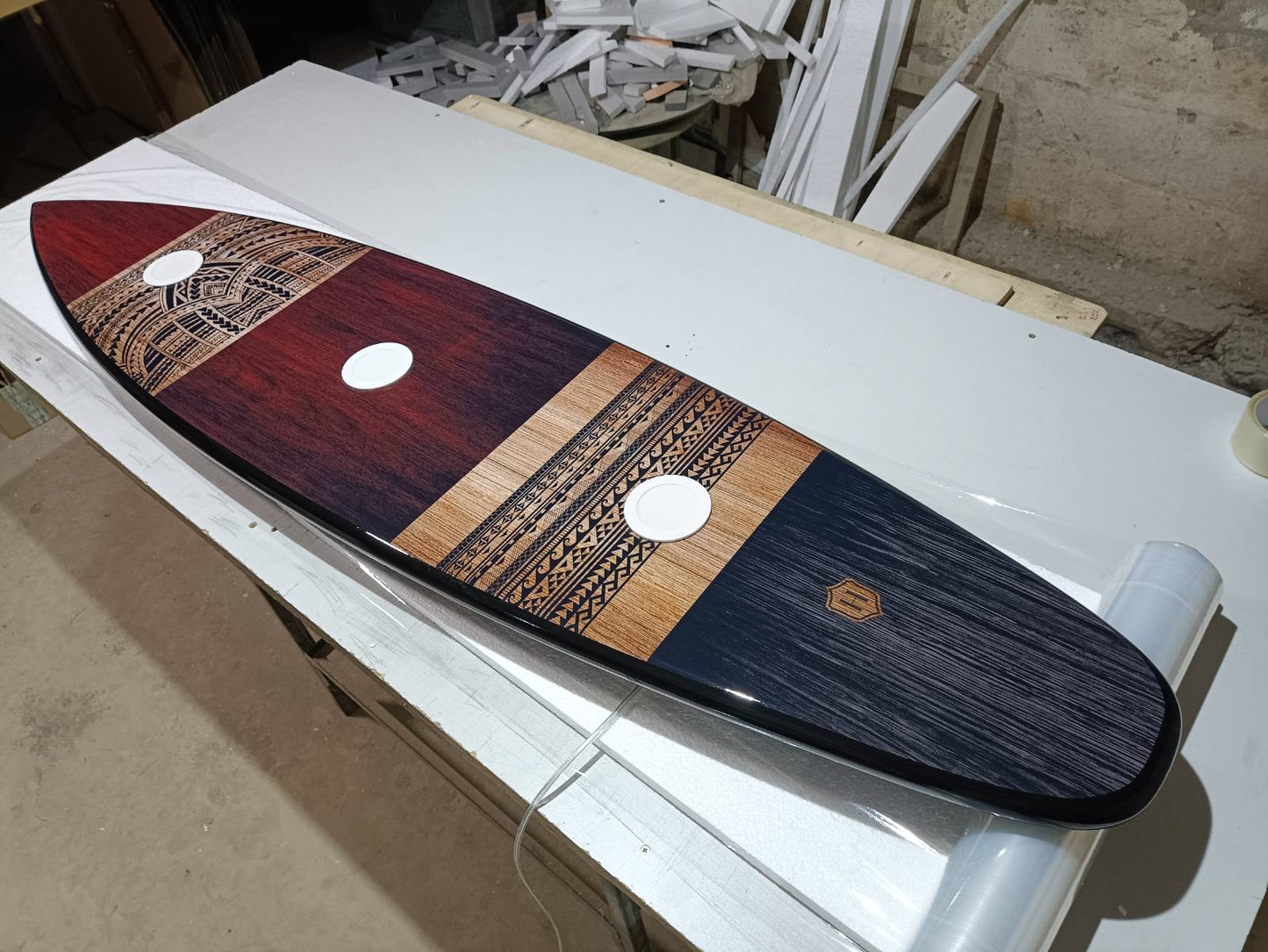 Ceiling Chandelier in the Shape of a Surfboard with a Maori Pattern