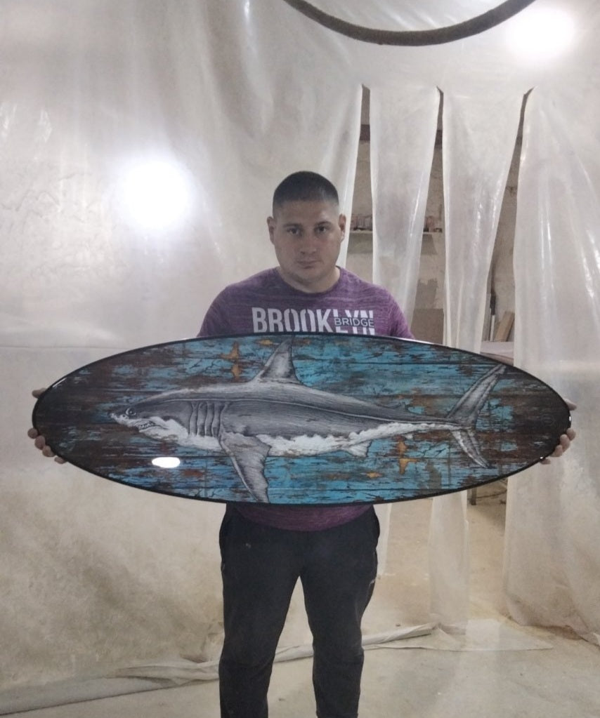 Surfboard Shark Table - Surfing Art Decor