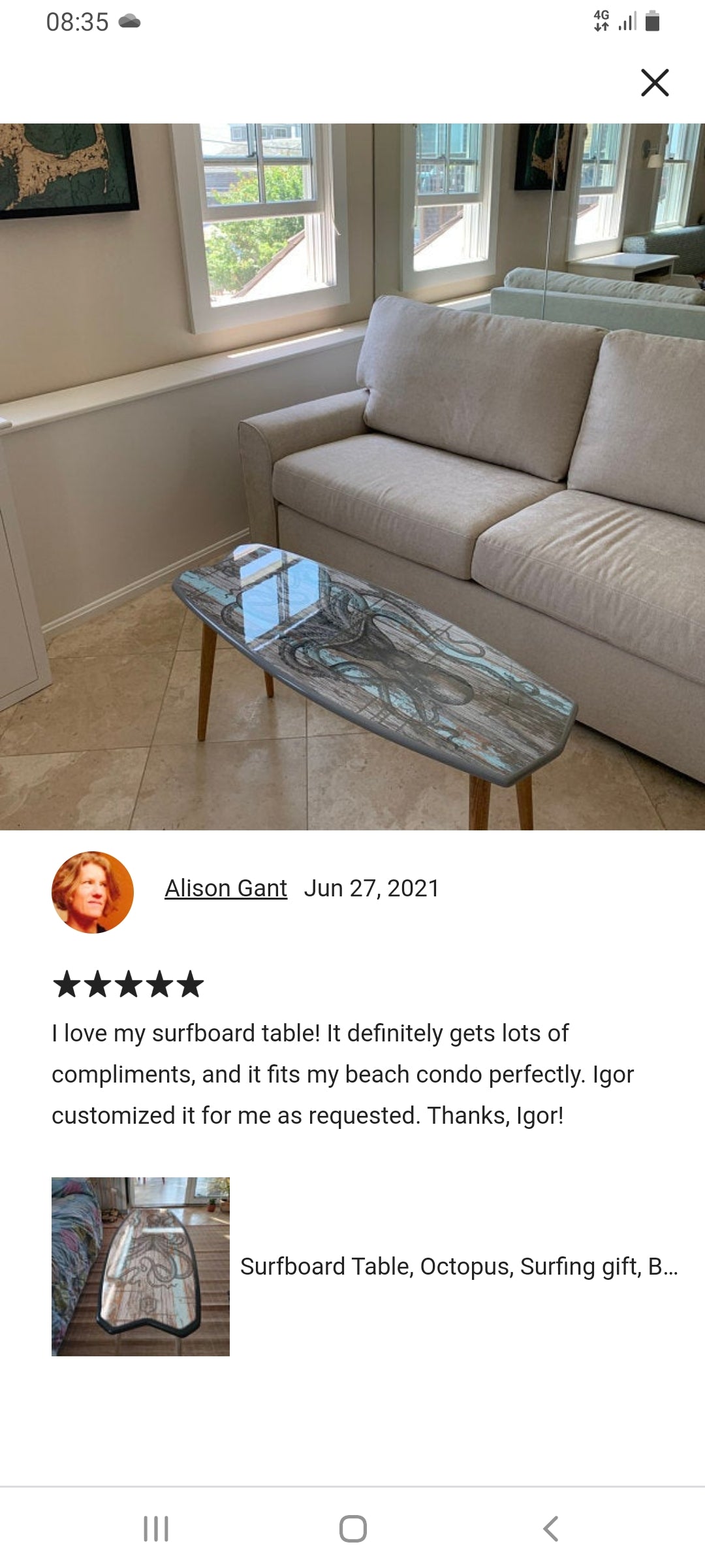 Surfboard Beach Coffee Table Octopus