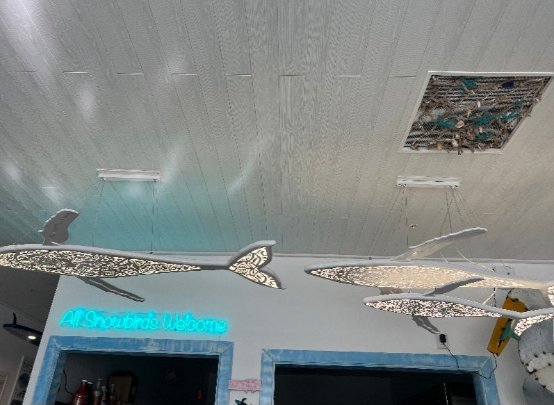 Blue pattern 72 inches Whale and baby whale ceiling chandelier:led lamps for beach coastal or nautical home room decor in Maori surf style