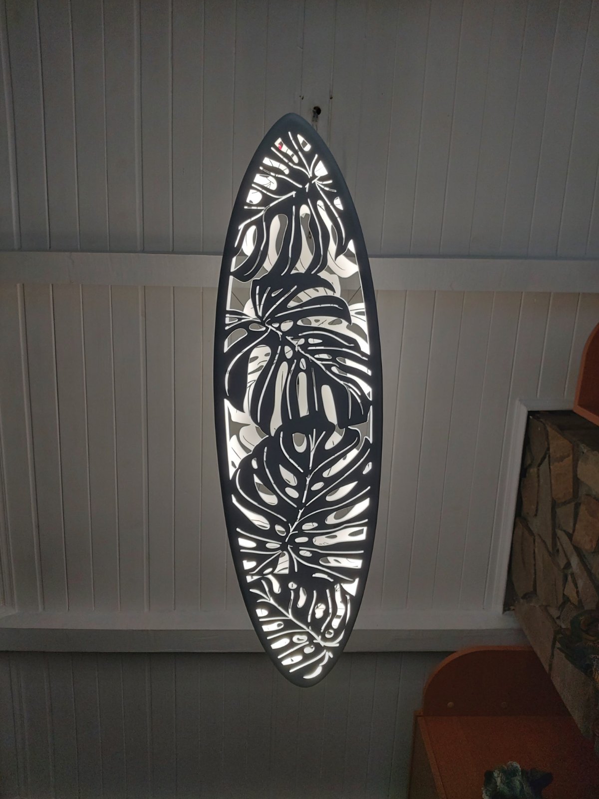 30 inch Surfboard Shaped Ceiling Chandelier with Monstera Leaf Carving