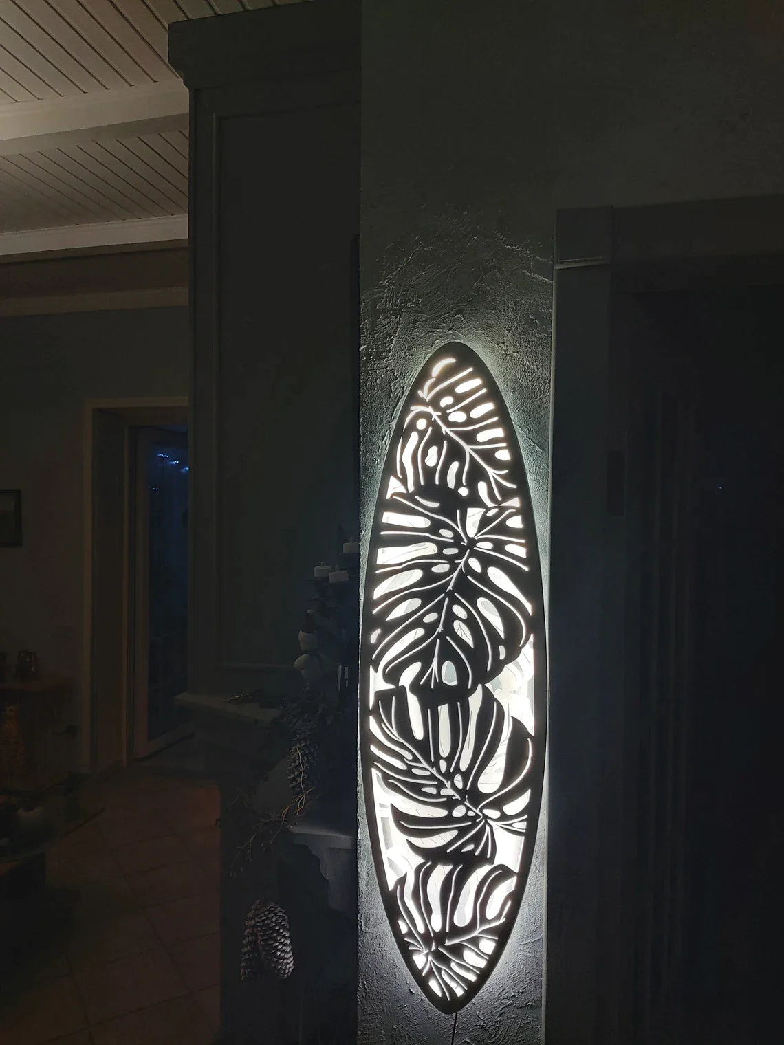 Surfboard Shaped Ceiling Chandelier with Canabis Leaf Carving