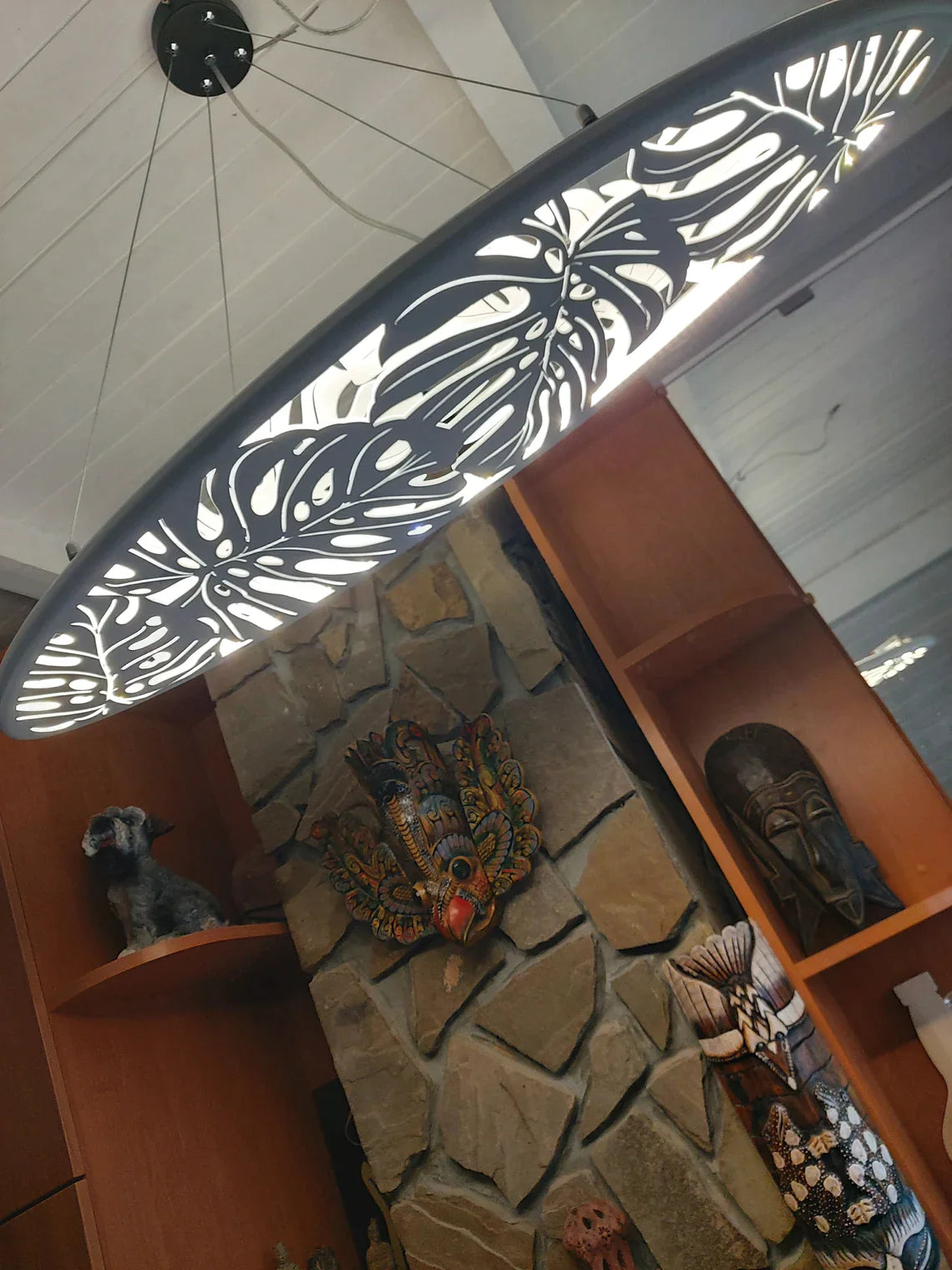 Surfboard Shaped Ceiling Chandelier with Canabis Leaf Carving