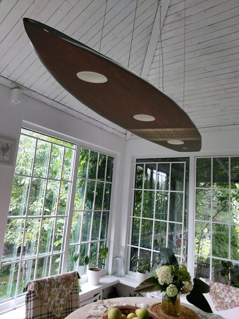 Ceiling Chandelier in the Shape of a Surfboard with a Maori Pattern