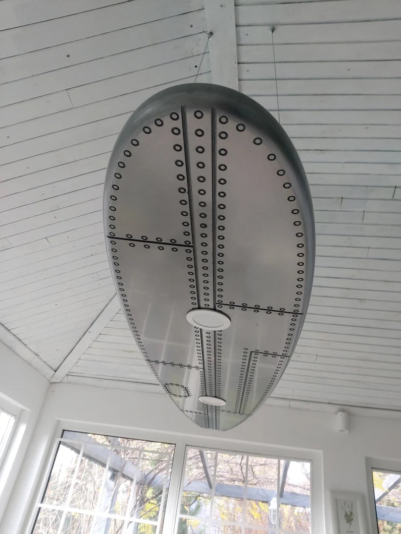 Aluminum Ceiling Chandelier in the Shape of a Surfboard - Covered with Liquid Aluminum