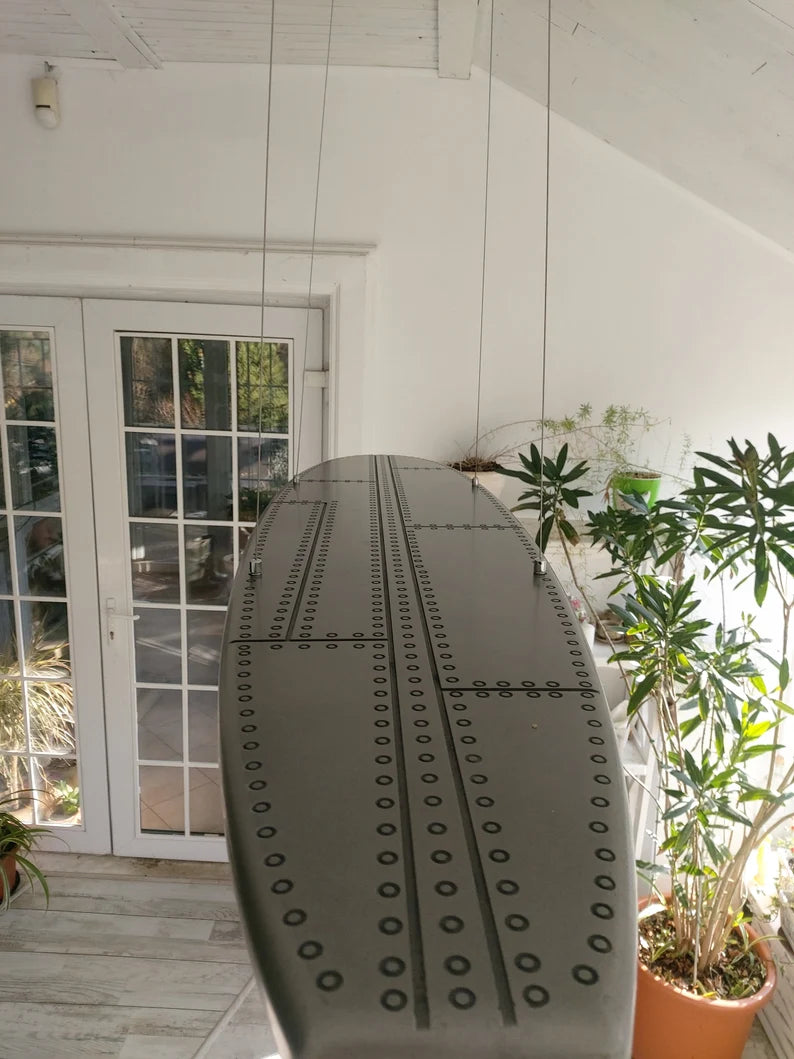 Aluminum Ceiling Chandelier in the Shape of a Surfboard - Covered with Liquid Aluminum