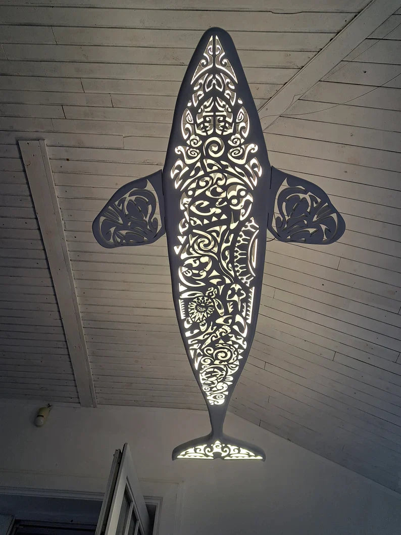 40 inch Handcrafted Unique Orca LED Wall Lamp in Maori Surf Style