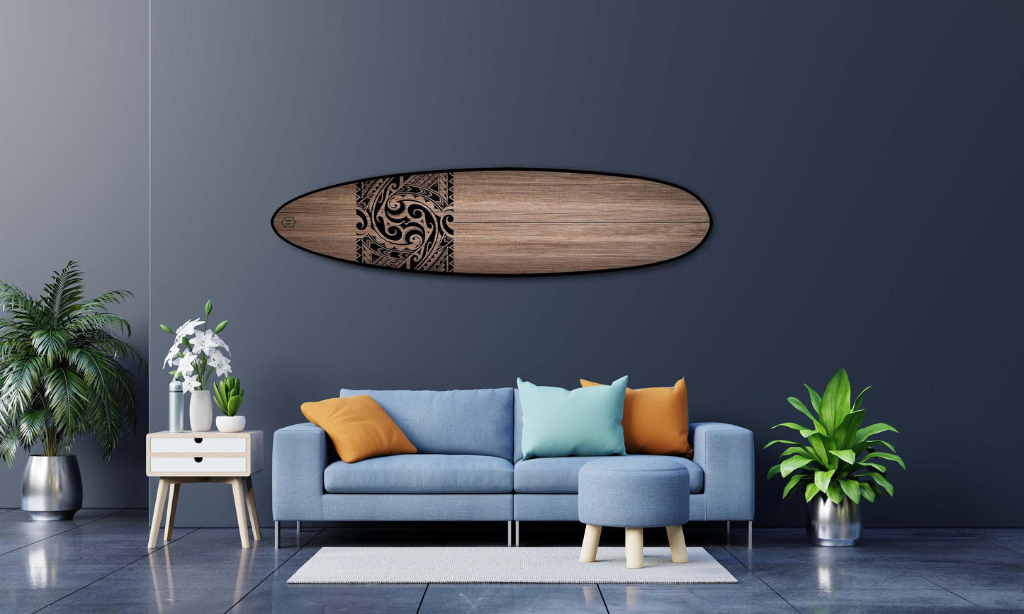 Tribal Surfboard Wall Art – Black and Wood Handmade Coastal Accent , Handmade Design