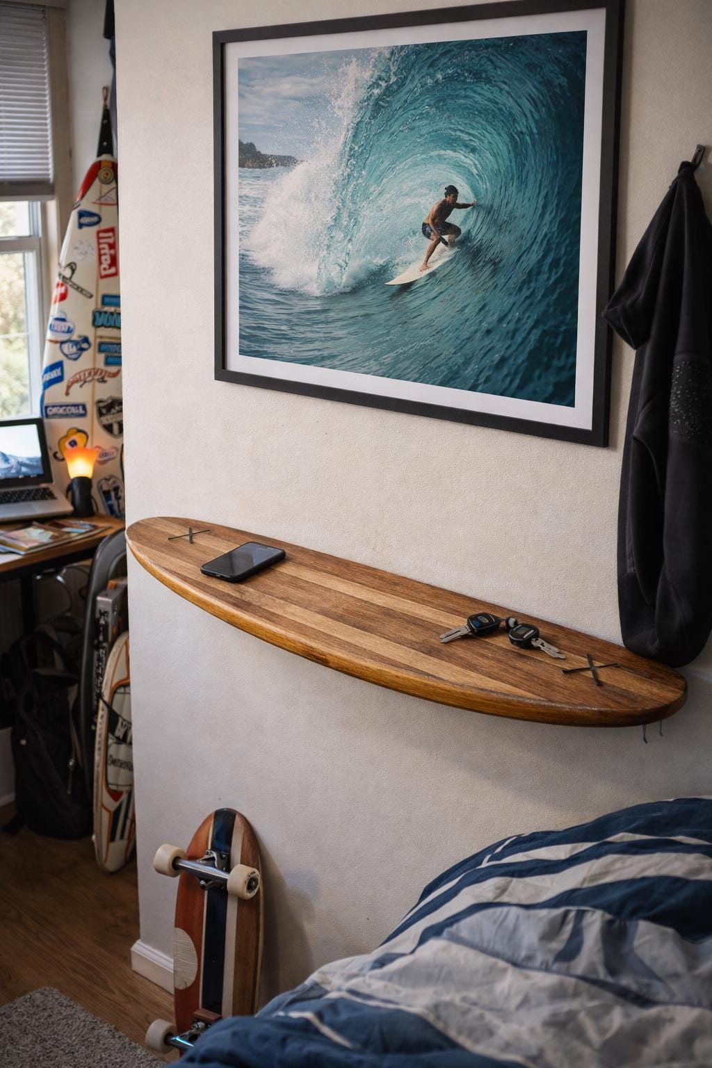 Wooden Surfboard Shelf – Coastal Interior, Beach House Wall Decor, Surf Style