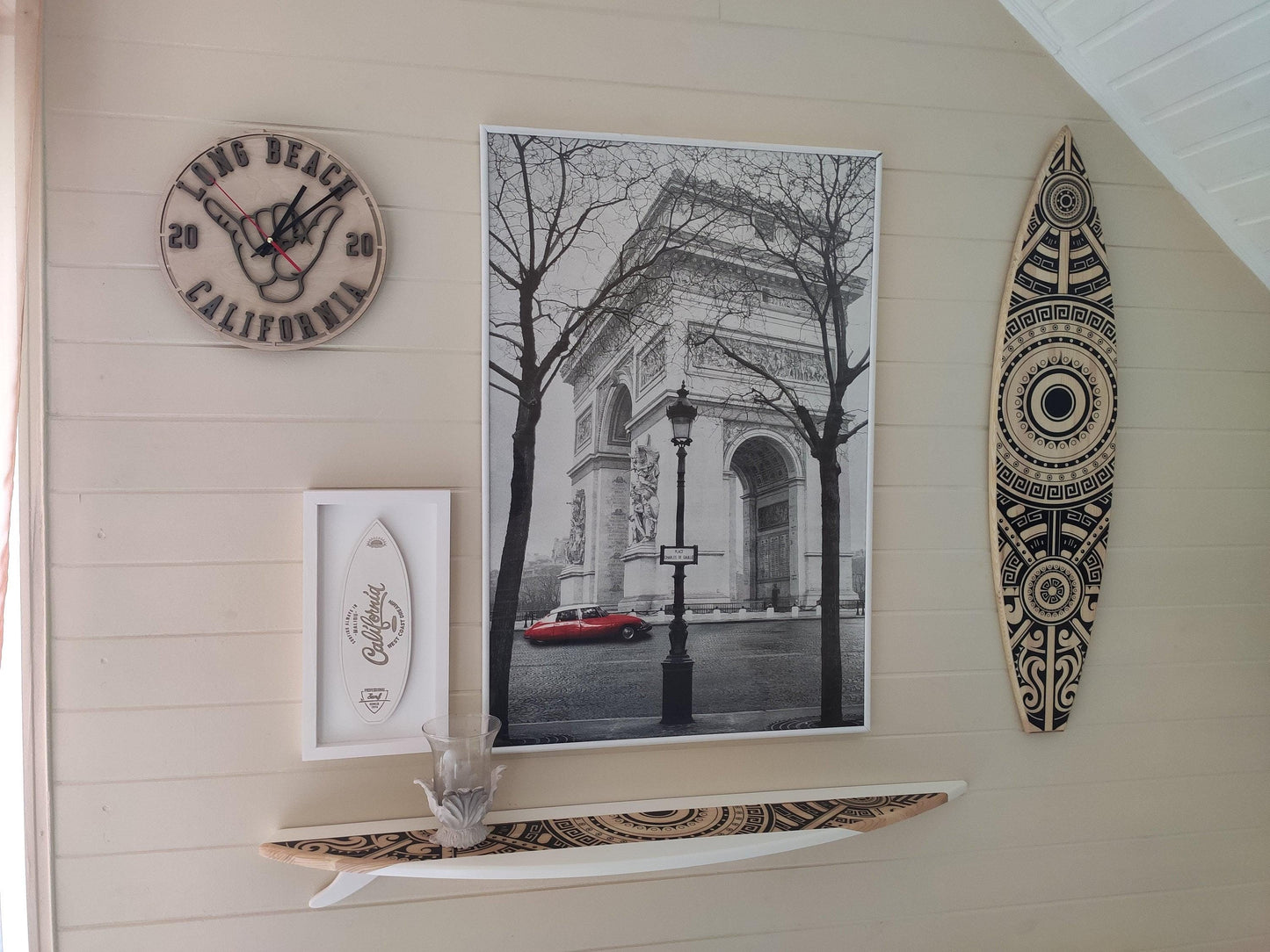 Surfboard Floating Shelf: White Wood with Black Graphic Print (38 inch)