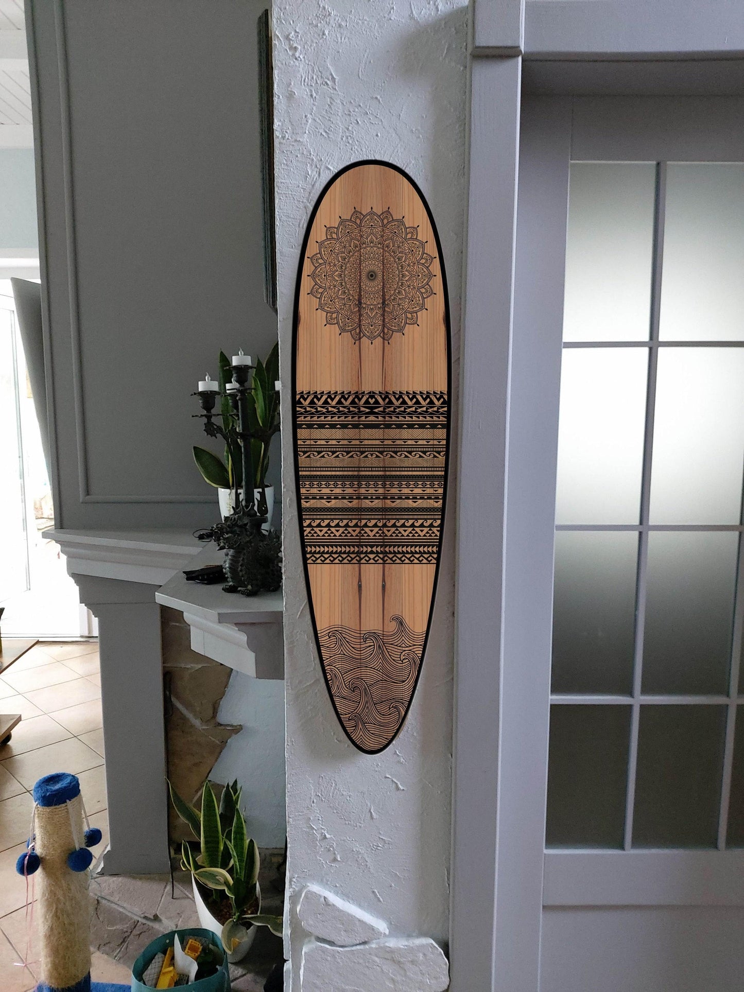 Tribal Surfboard Wall Art – Black and Wood Handmade Coastal Accent , Handmade Design