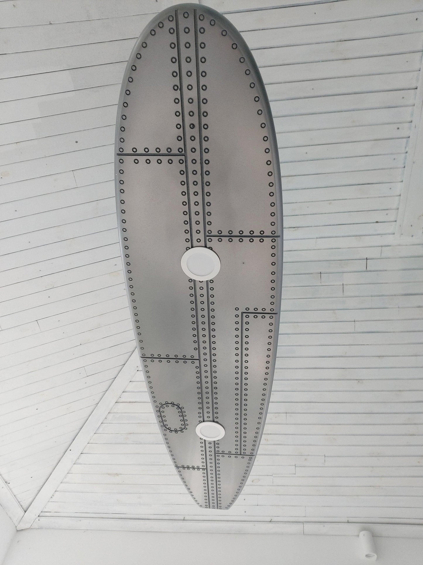 Surfboard shaped ceiling chandelier, covered with liquid aluminum, a ceiling lamp for billiards