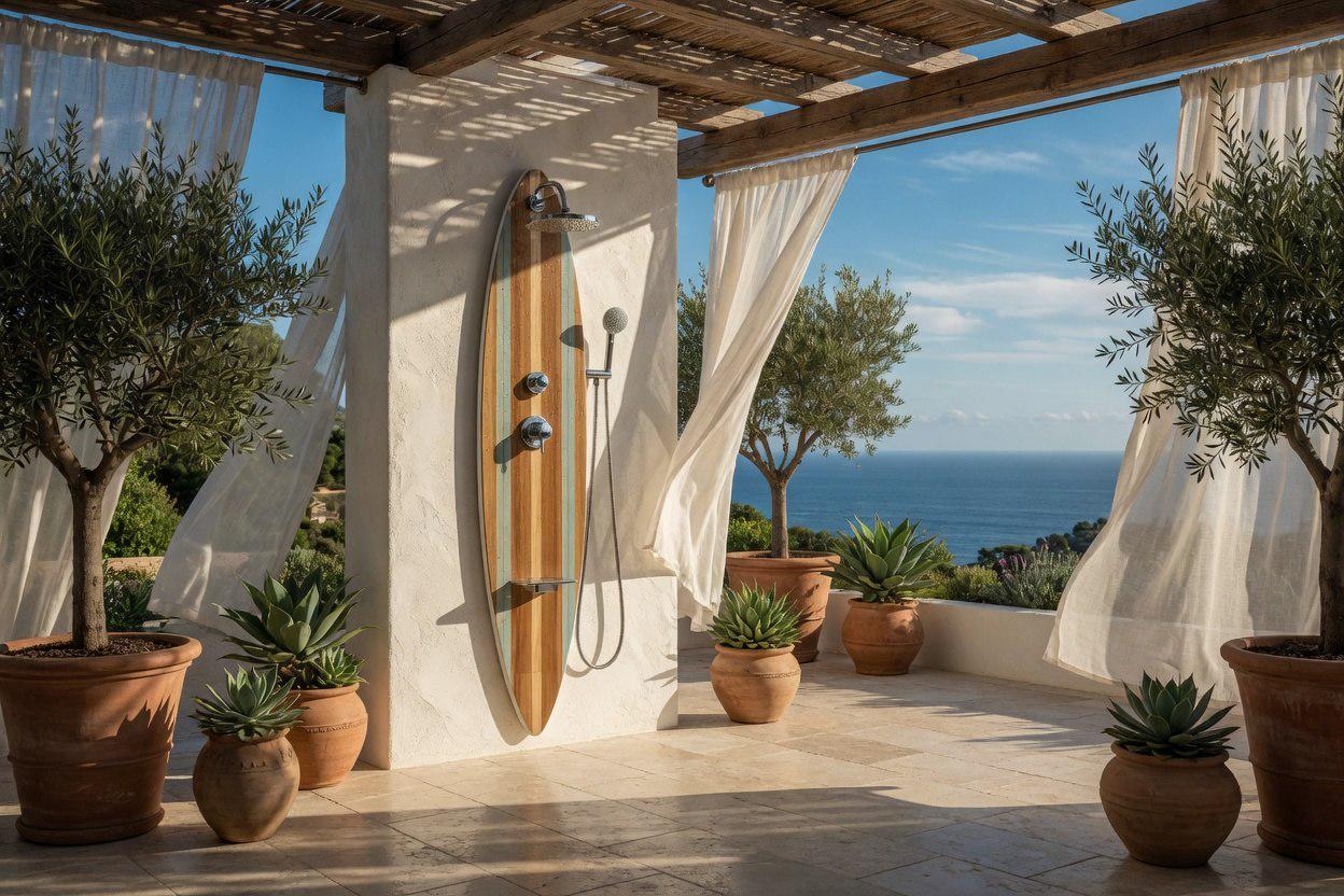 Surfboard Shower Panel, Natural Wood Coastal Bathroom Art, Outdoor Pool Decor