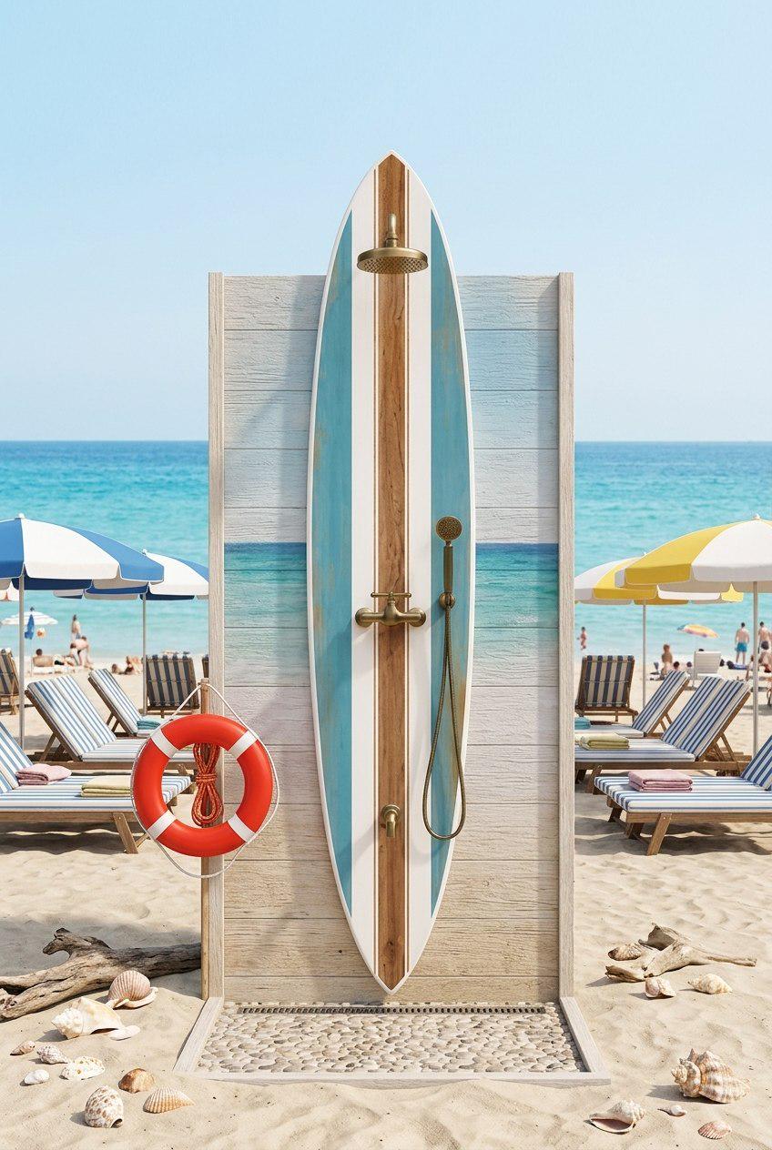 Surfboard Outdoor Shower Panel – Vintage Coastal Style Poolside Shower