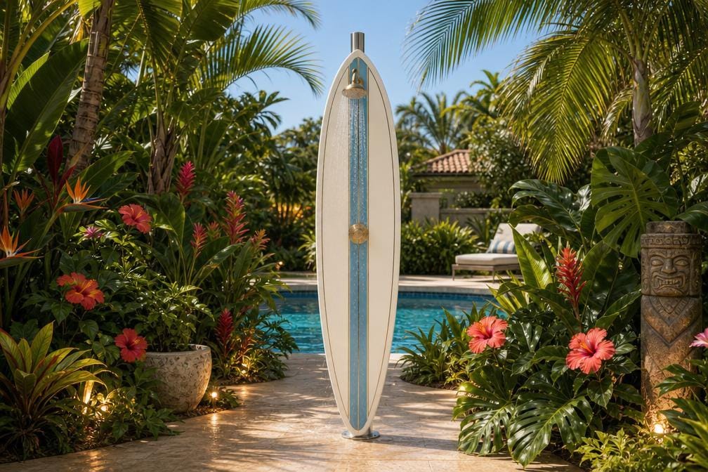 Classic Surfboard Shower Panel – Coastal Outdoor Shower for Garden, Patio & Poolside