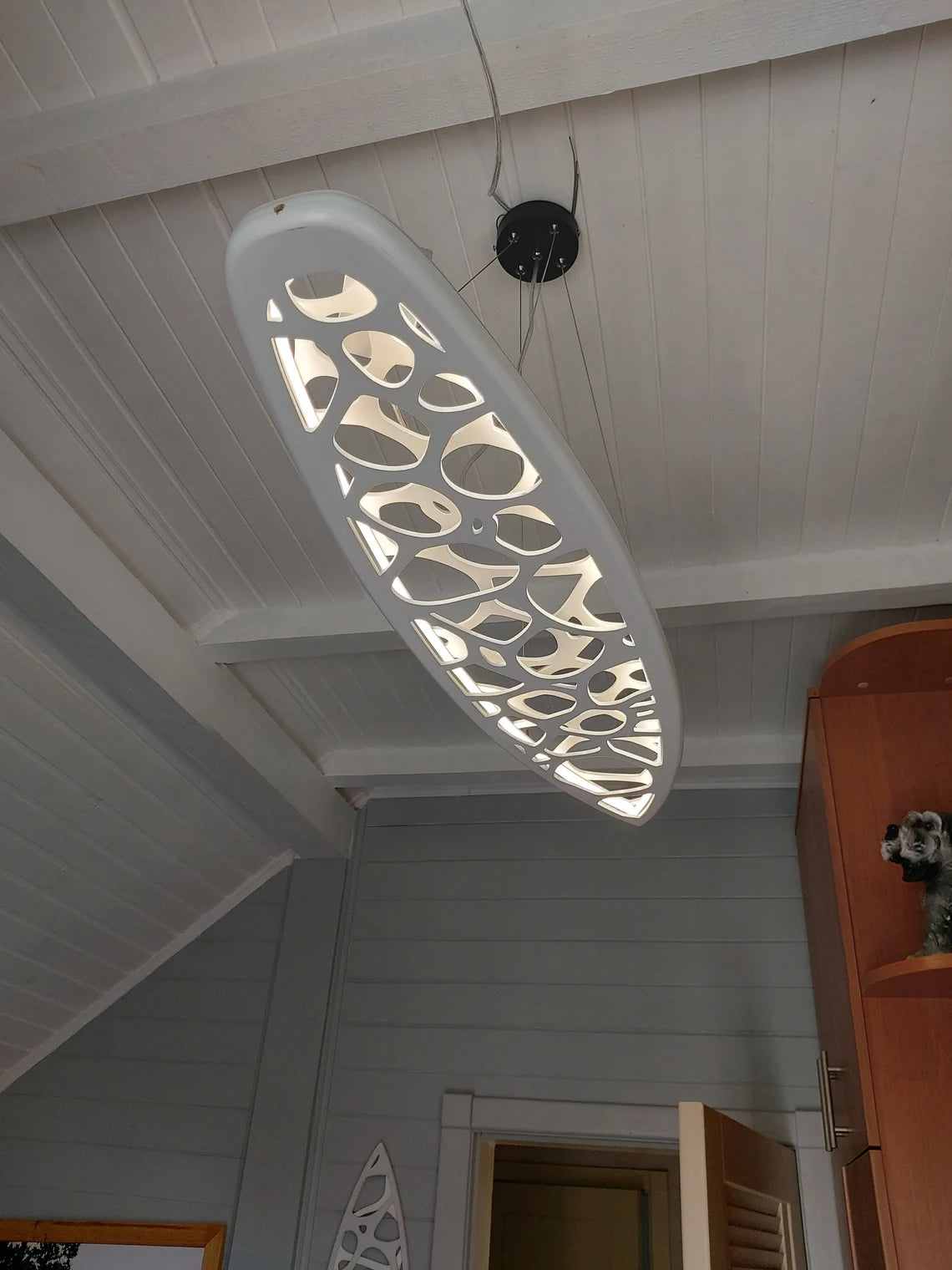 Surfing Board Inspired Handmade Ceiling Chandelier With Sea Ripples Effect Carving: Accent Lighting Fixture for Waves Beach Themed Decor