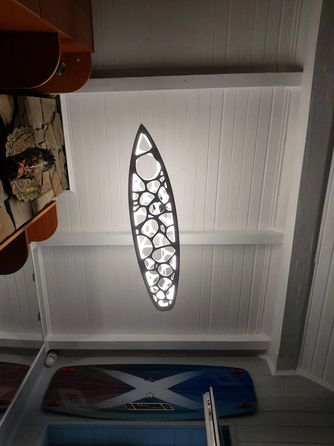 Surfing Board Inspired Handmade Ceiling Chandelier With Sea Ripples Effect Carving: Accent Lighting Fixture for Waves Beach Themed Decor