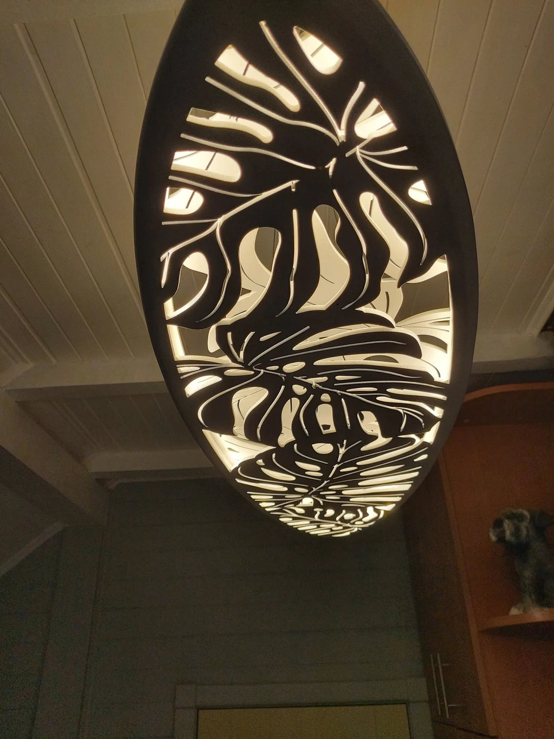 30 inch Surfboard Shaped Ceiling Chandelier with Monstera Leaf Carving