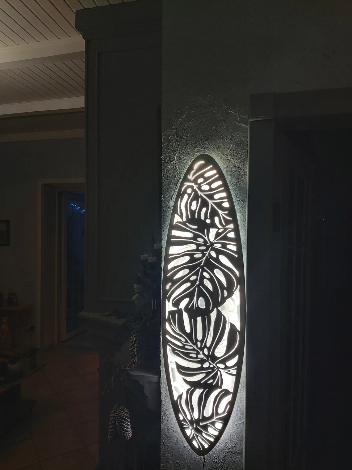 30 inch Surfboard Shaped Ceiling Chandelier with Monstera Leaf Carving