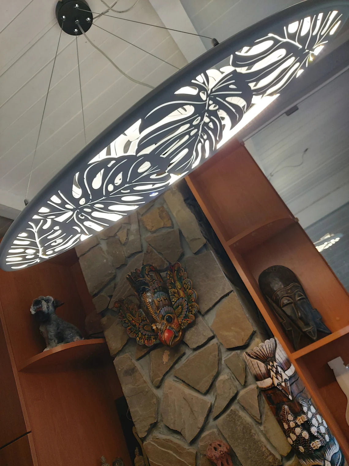 30 inch Surfboard Shaped Ceiling Chandelier with Monstera Leaf Carving