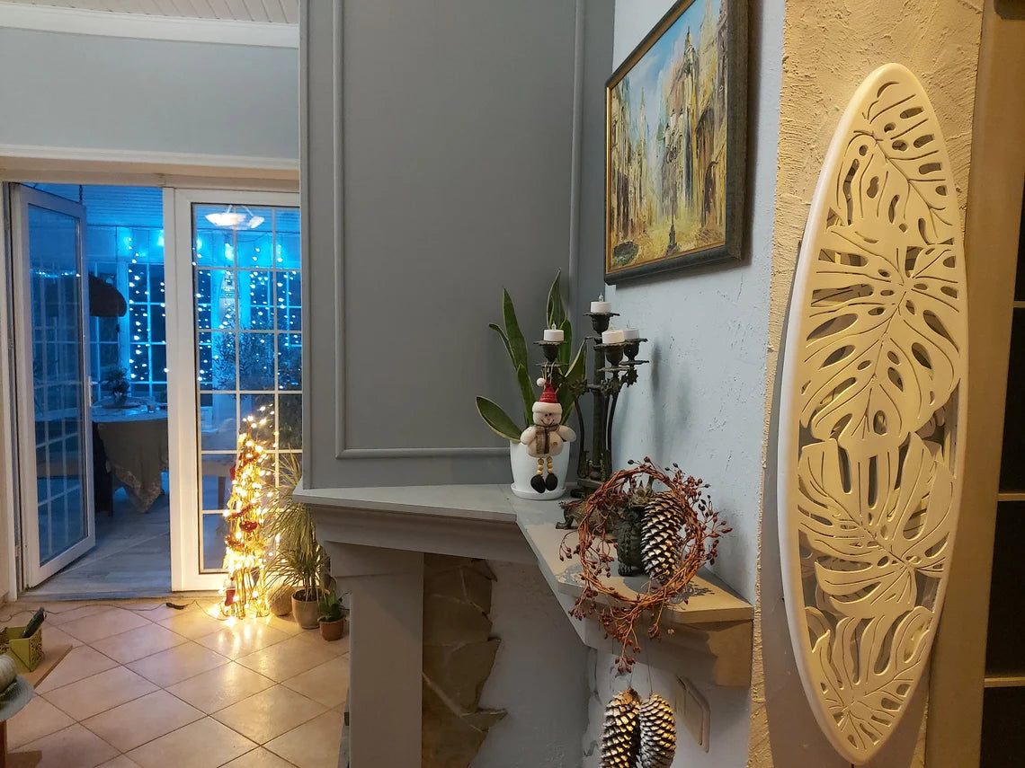 Surfboard Shaped Ceiling Chandelier with Monstera Leaf Carving