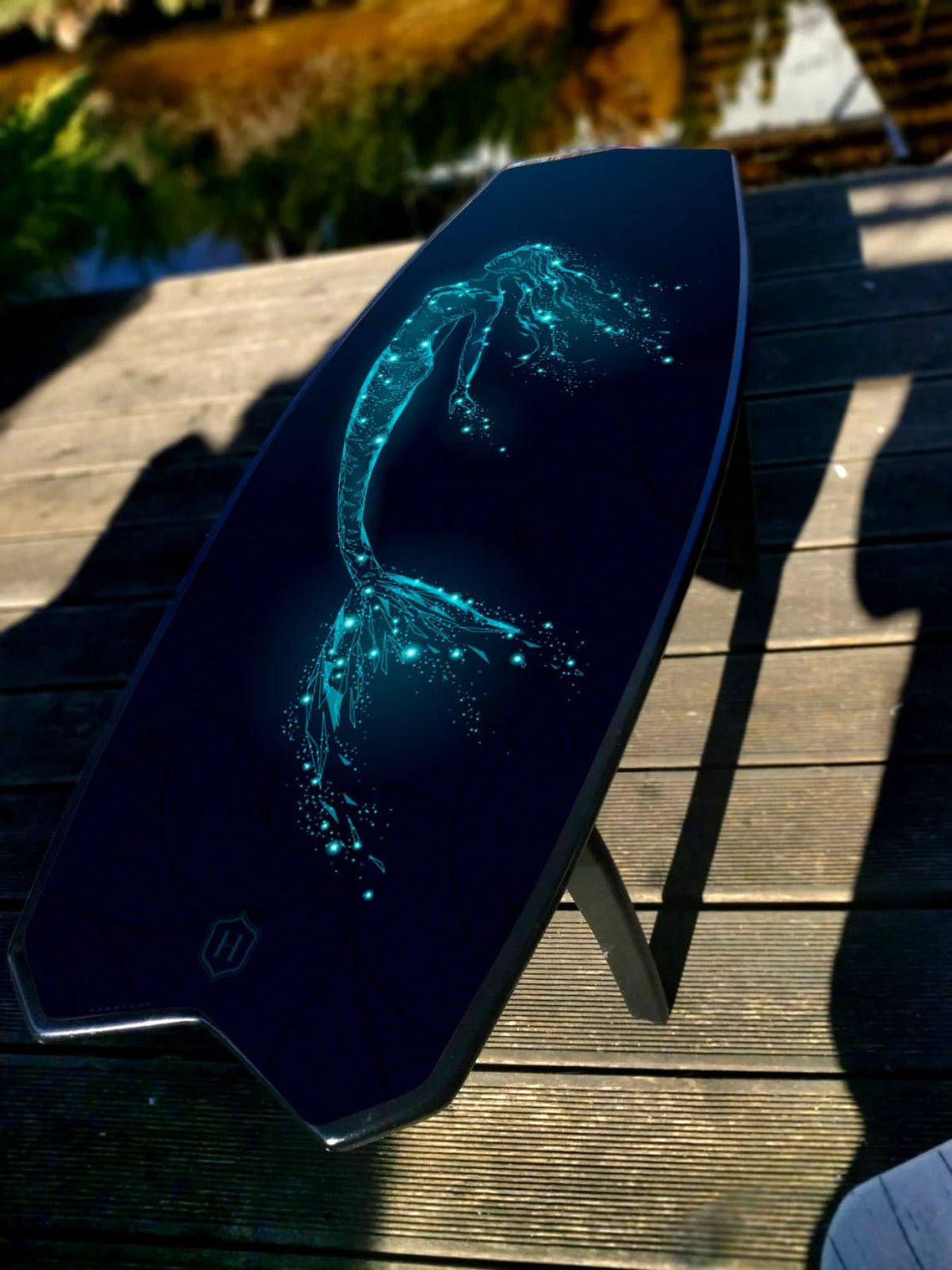 Fish Surfboard Inspired Wooden Surf Table with Mermaid Pattern