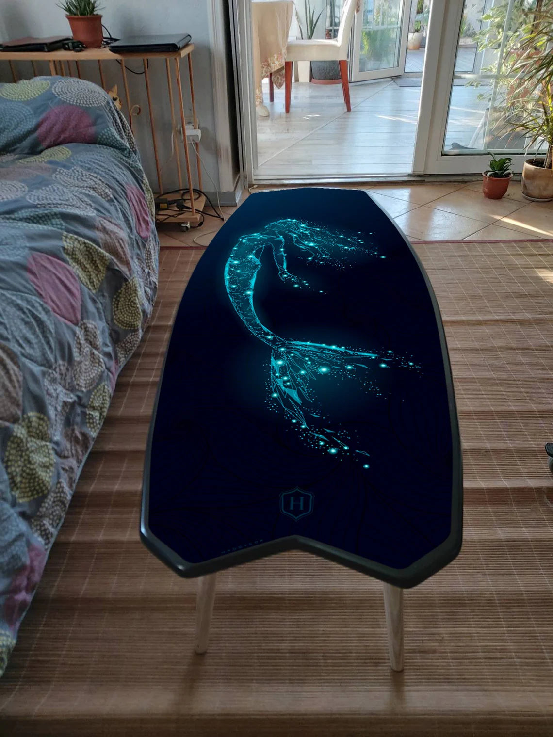 Fish Surfboard Inspired Wooden Surf Table with Mermaid Pattern