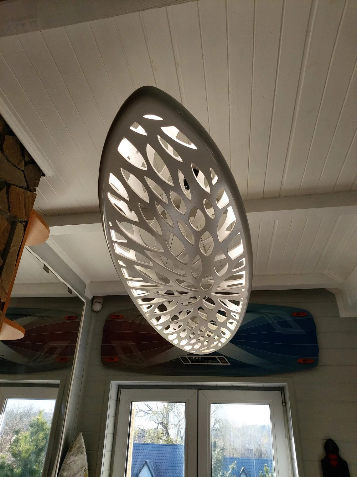 Wood LED Light - Surfboard Ceiling Chandelier With Leaves Carving